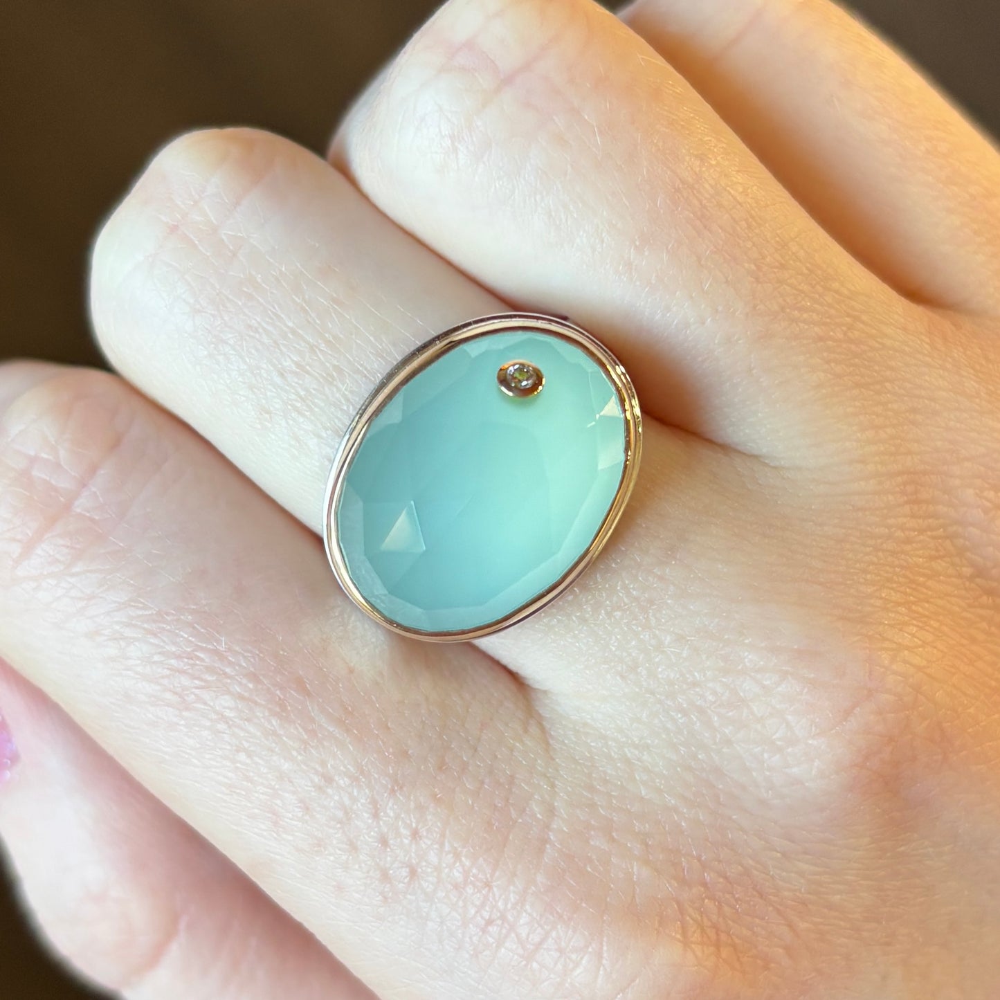 Sterling & 14K Gold Aqua Chalcedony & Diamond Ring