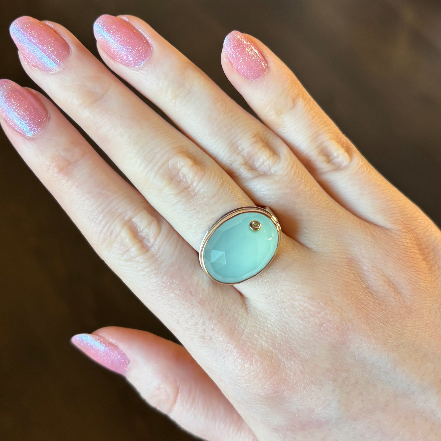 Sterling & 14K Gold Aqua Chalcedony & Diamond Ring