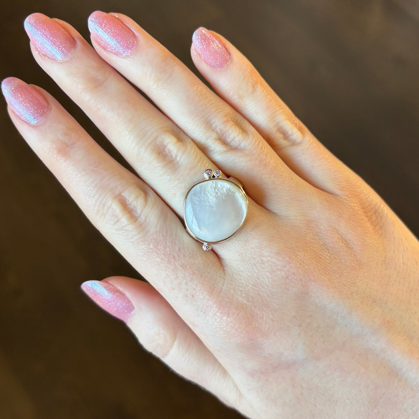 Sterling & 14K Gold Mother of Pearl & Diamond Ring