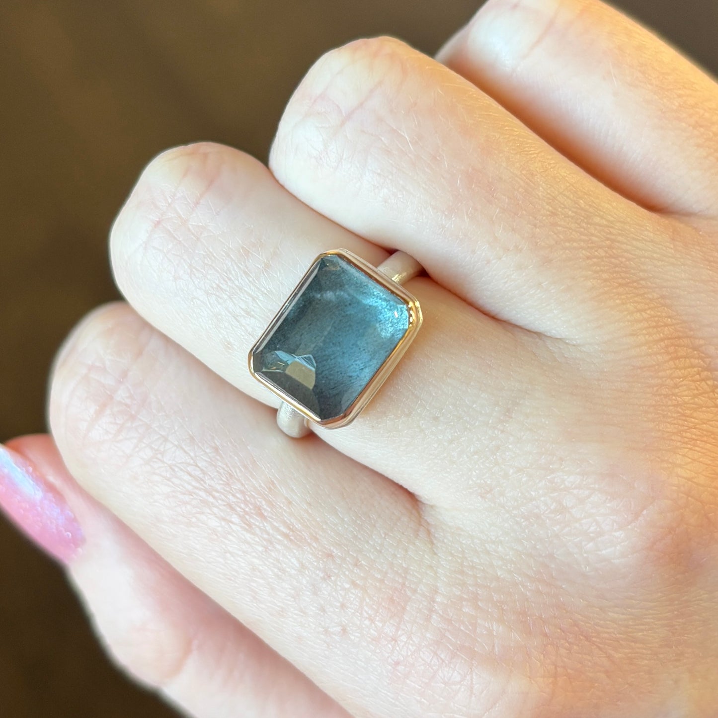Sterling & 14K Gold Rectangular Moss Aquamarine Ring