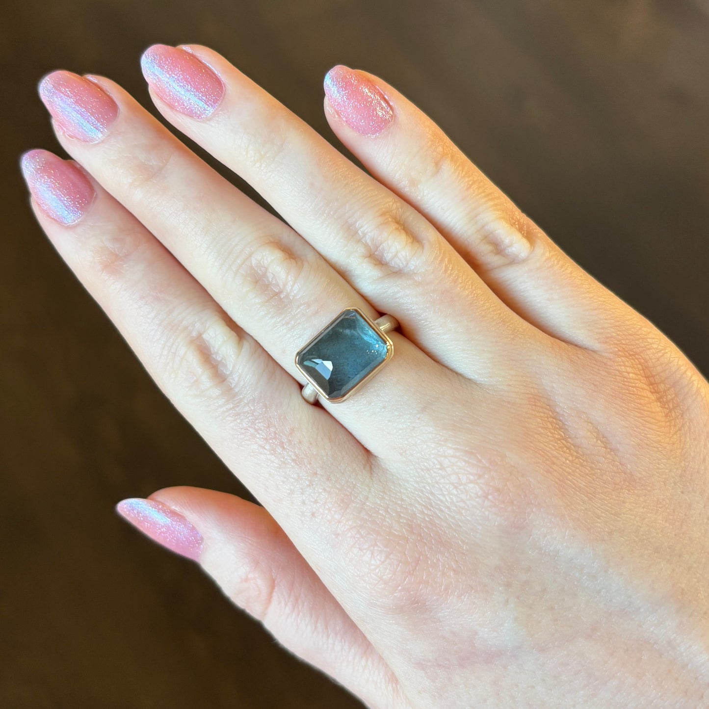Sterling & 14K Gold Rectangular Moss Aquamarine Ring