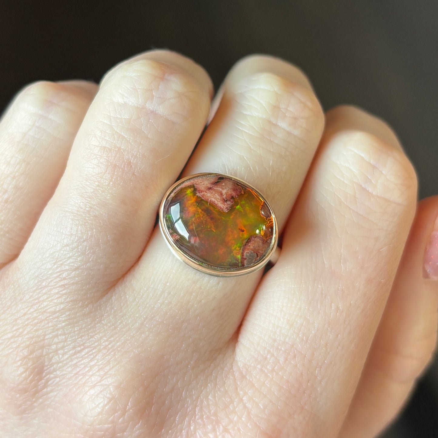 Sterling & 14K Gold Oval Mexican Fire Opal Ring