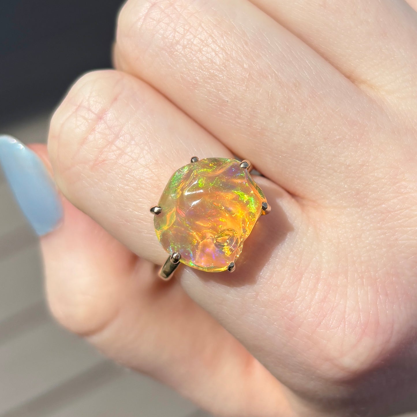14K Gold Mexican Fire Opal Multi-Prong Ring