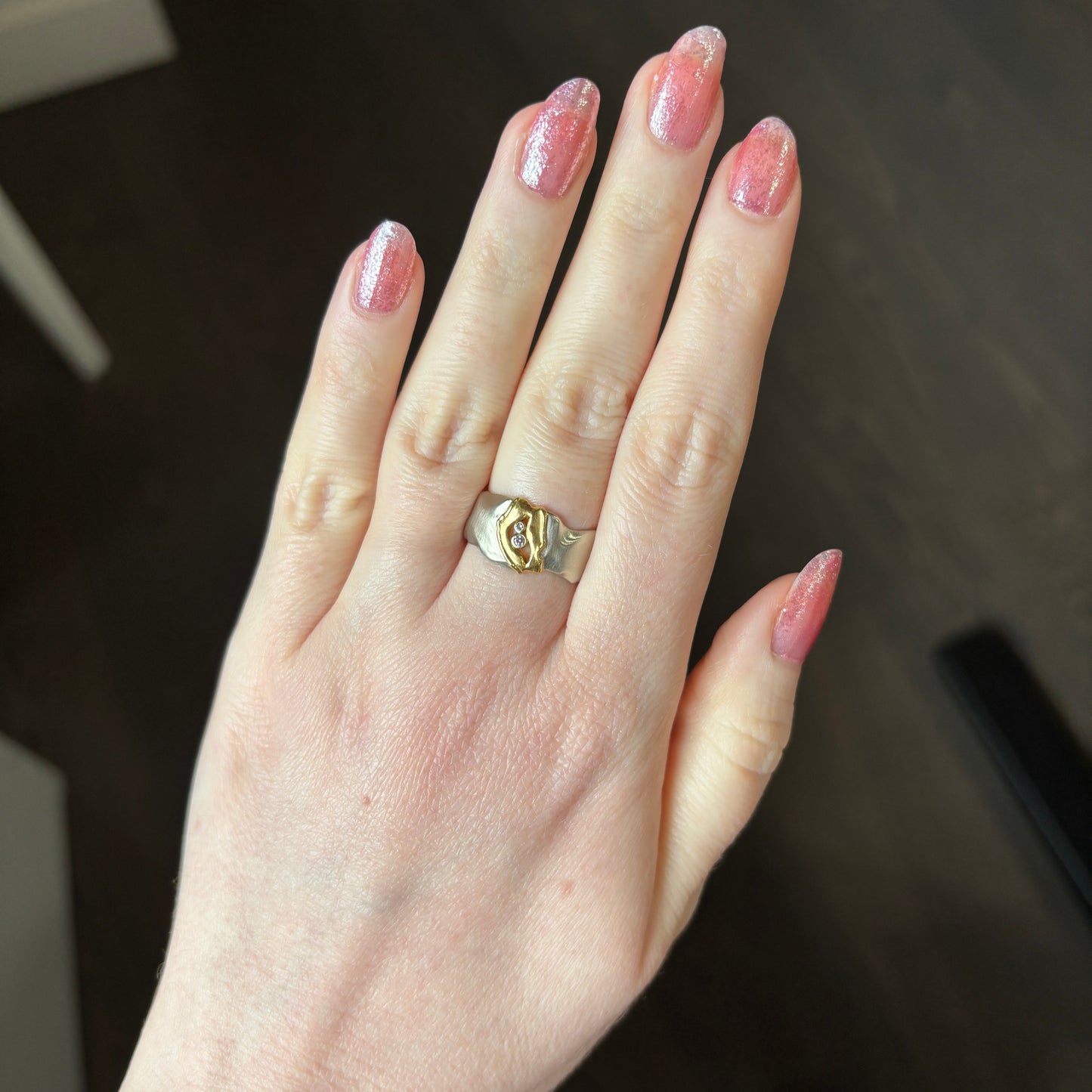 14k White & 22k Yellow Gold Wide Band & Diamond Ring