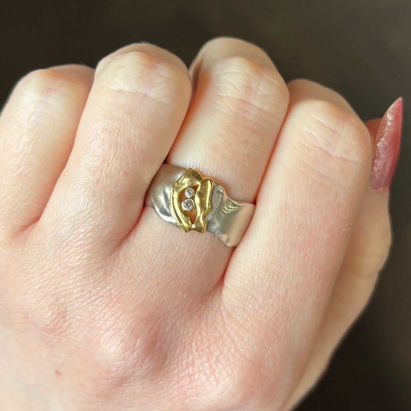 14k White & 22k Yellow Gold Wide Band & Diamond Ring