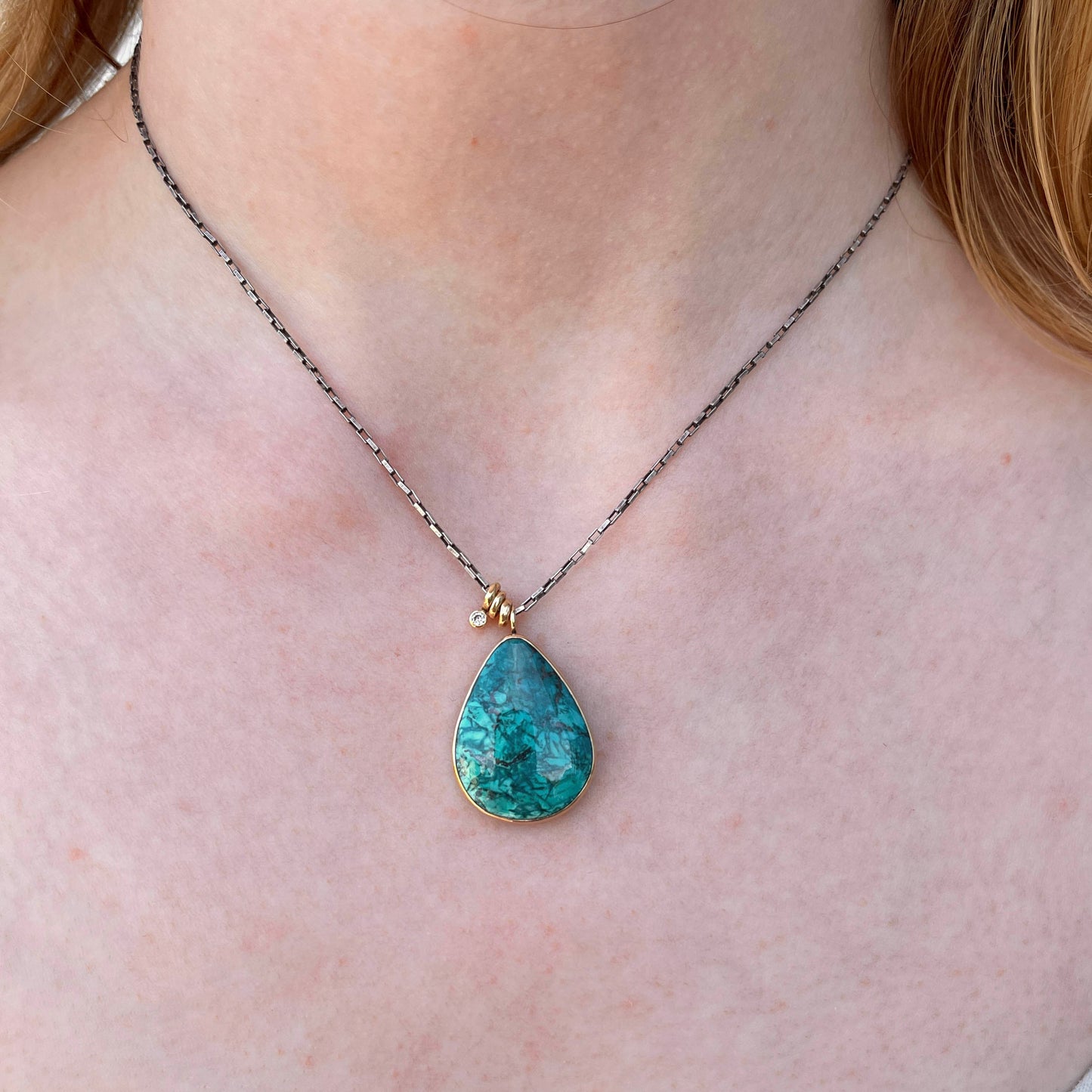 Oxidized Sterling & 14K Gold Chrysocolla & Diamond Necklace