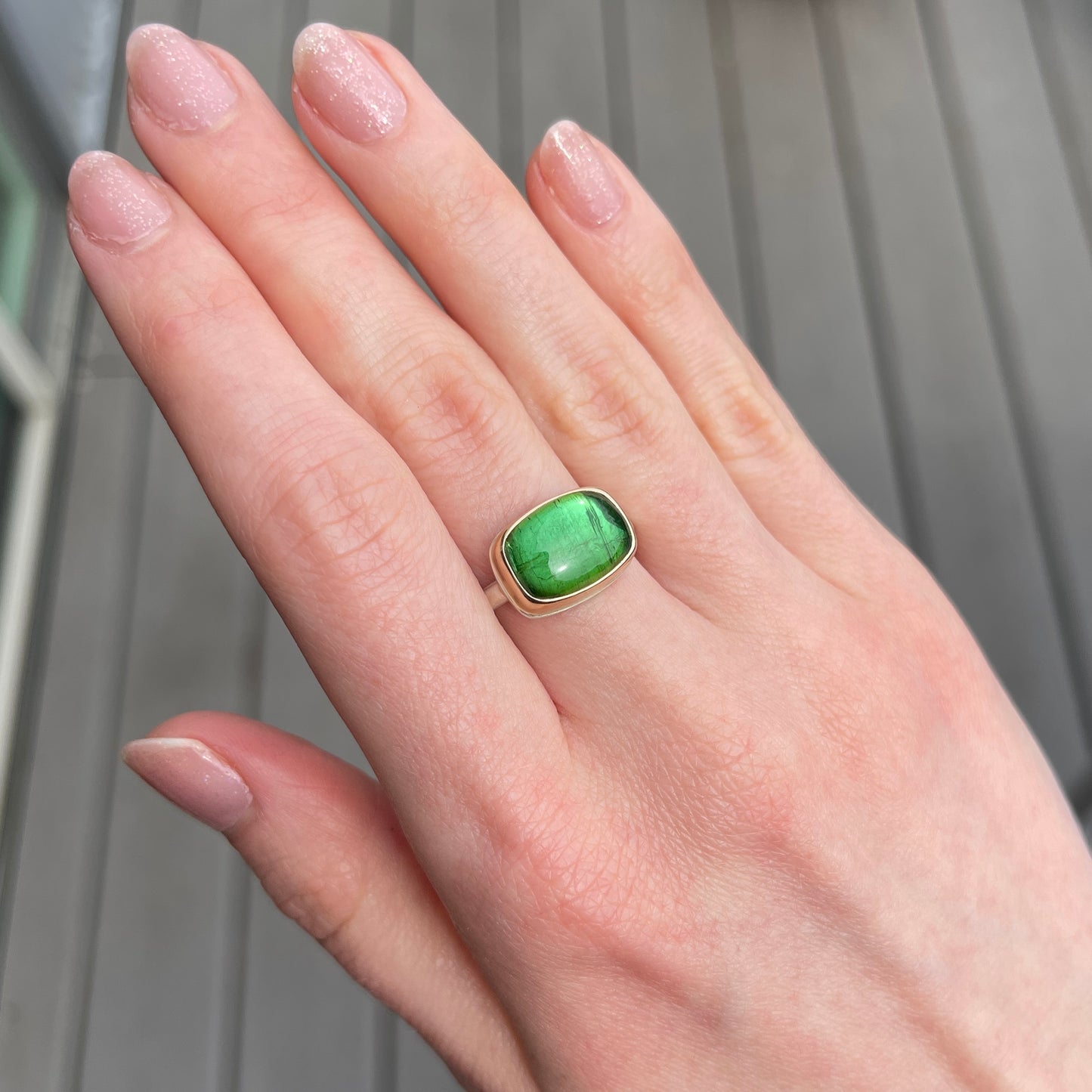 Sterling & 14K Gold Rectangular Green Tourmaline Ring