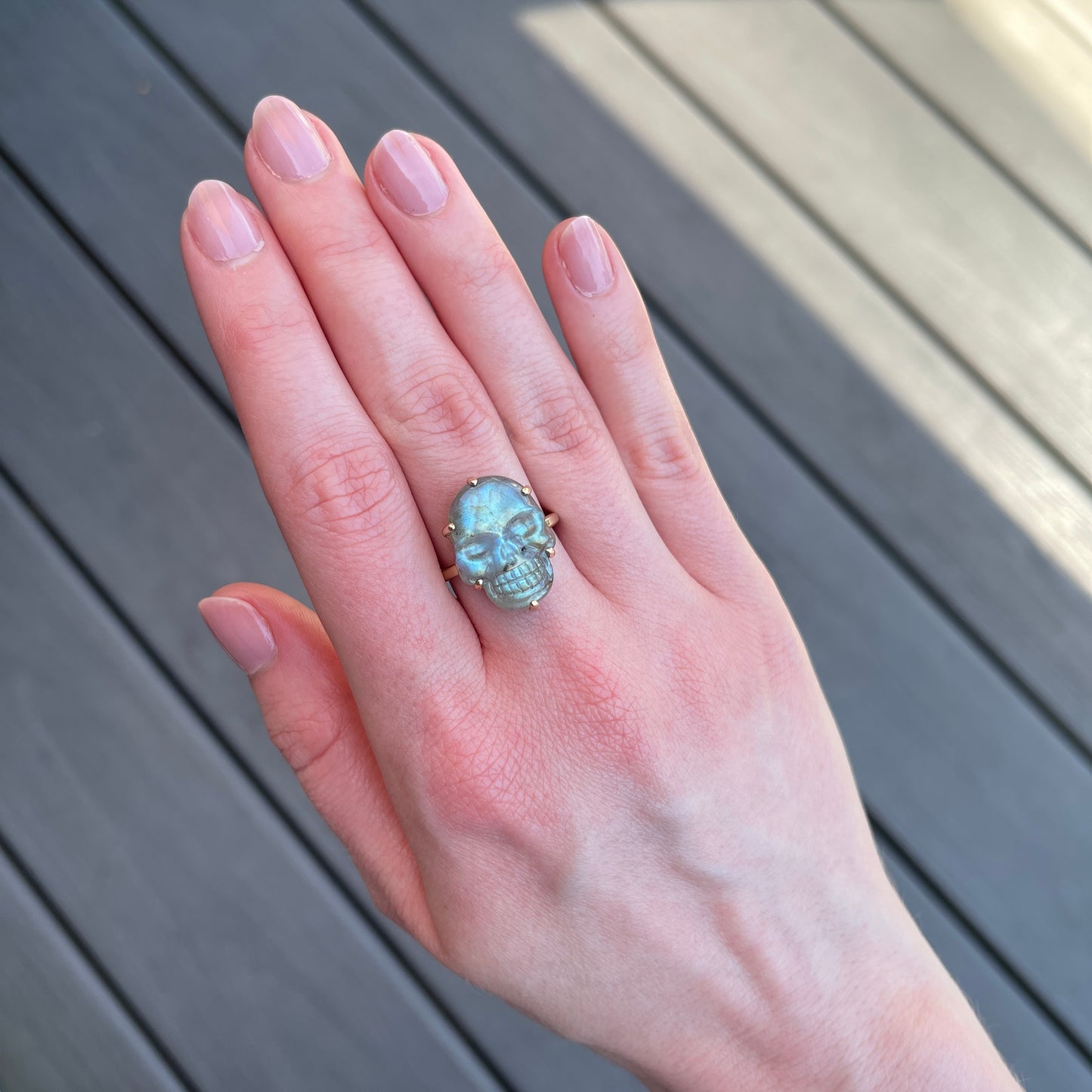 14K Gold Prong Labradorite Skull Ring