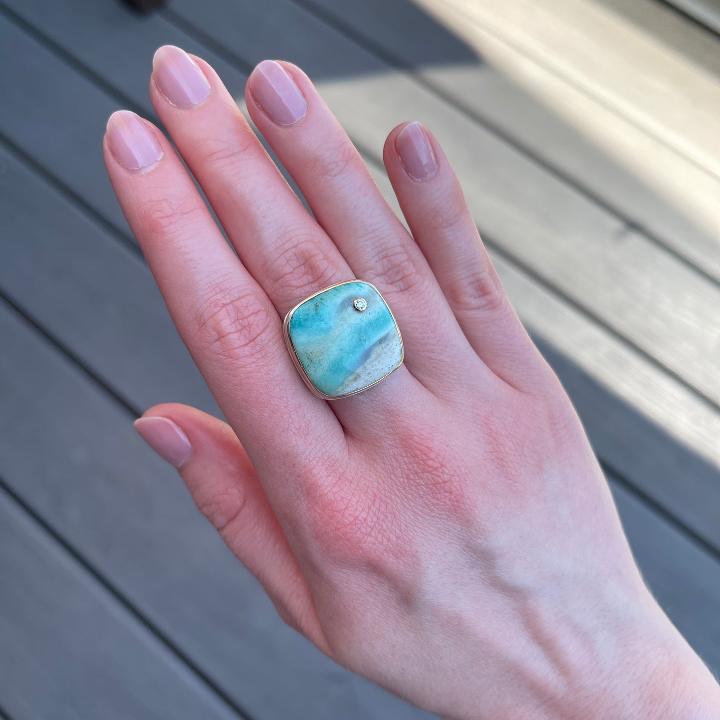 Sterling & 14K Gold Blue Indonesian Fossilized Opalized Wood & Diamond Ring