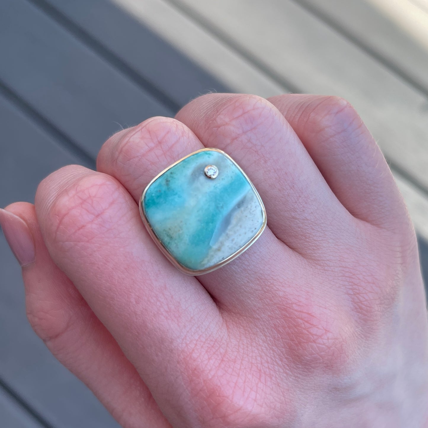 Sterling & 14K Gold Blue Indonesian Fossilized Opalized Wood & Diamond Ring