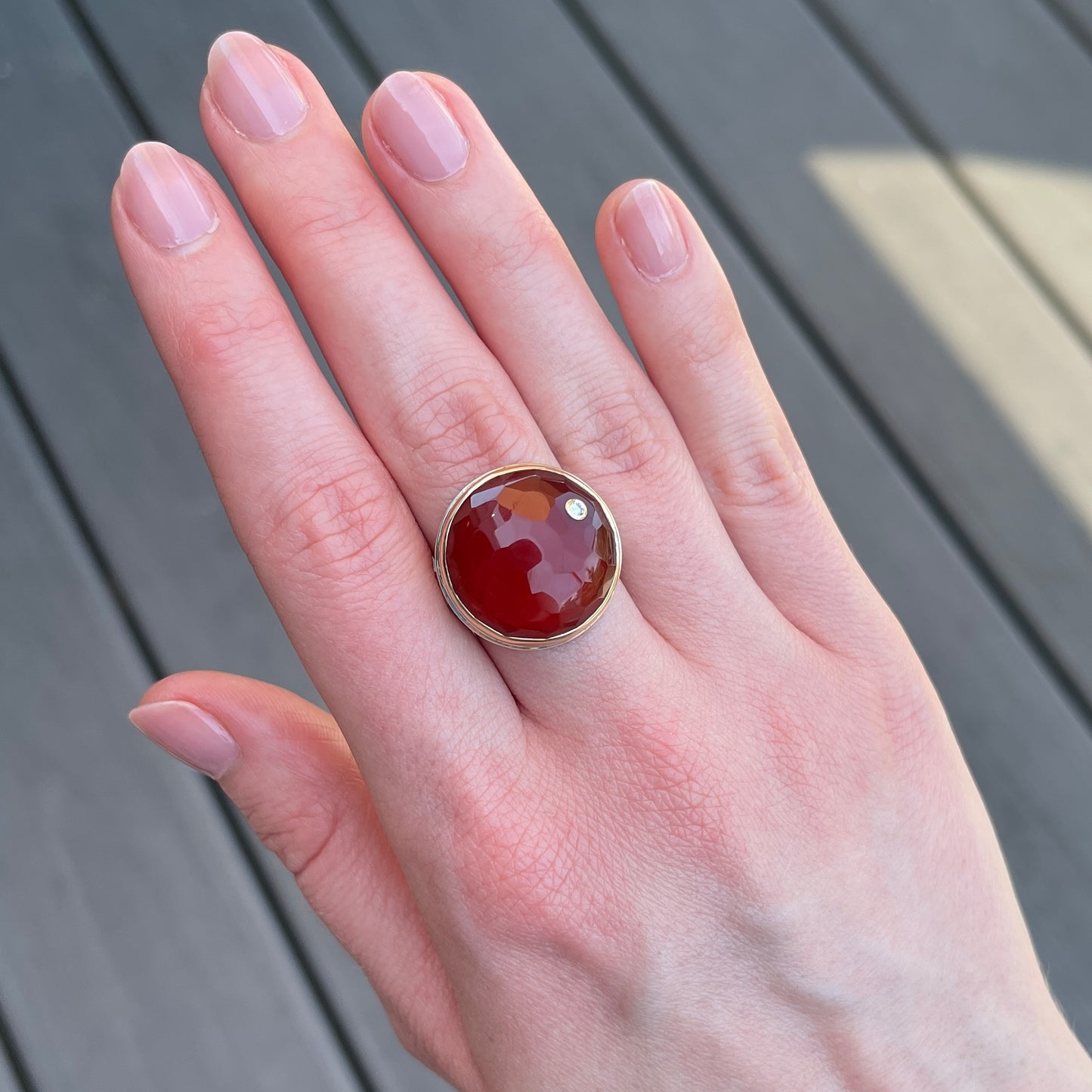 Sterling & 14K Gold Carnelian & Diamond Ring
