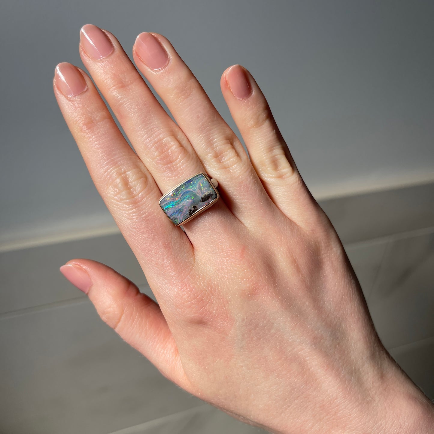 Sterling & 14K Gold Rectangular Boulder Opal Ring