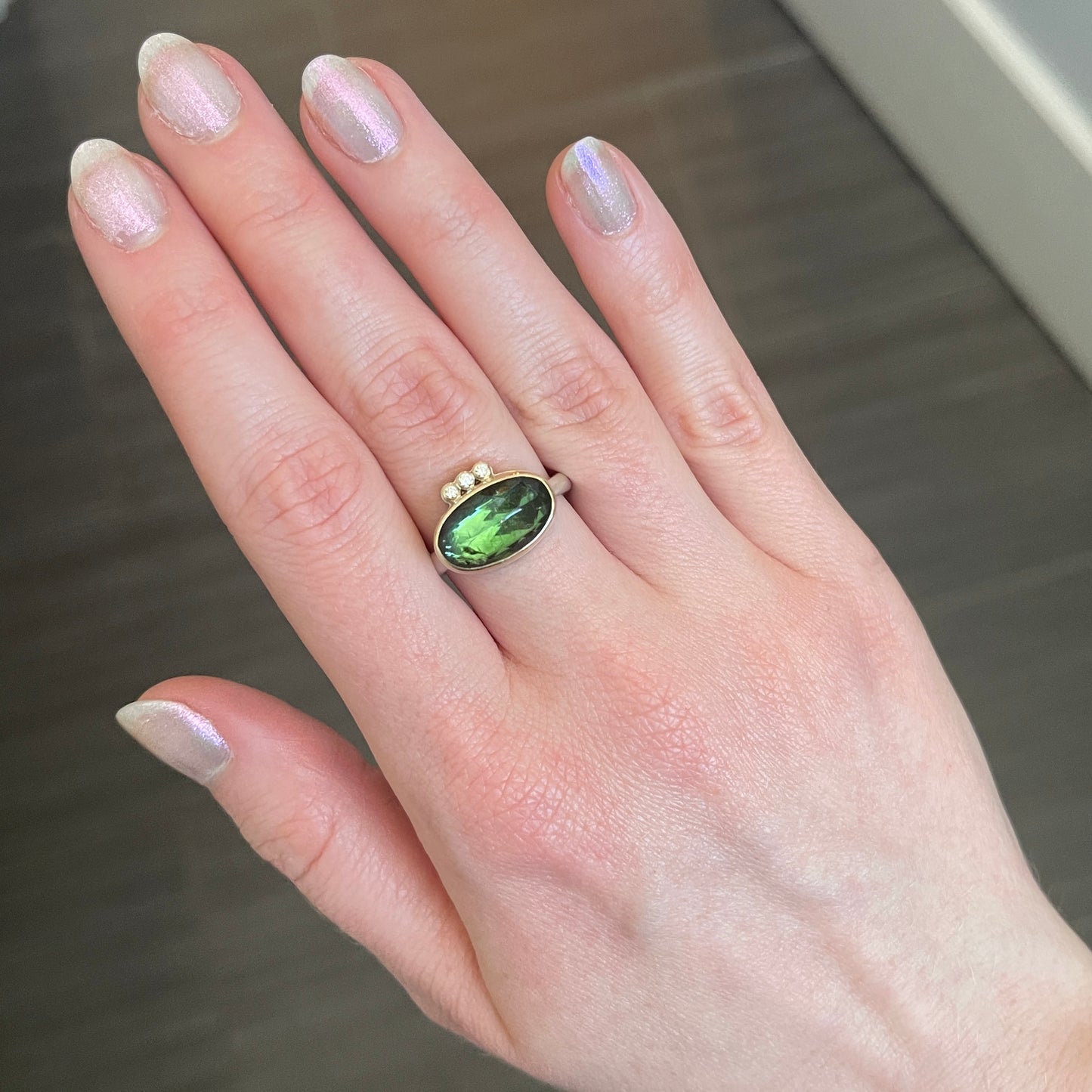 Sterling & 14K Gold Green Tourmaline & Diamond Ring