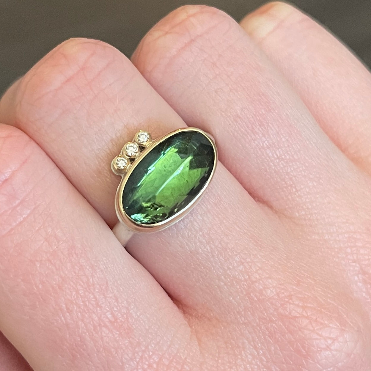 Sterling & 14K Gold Green Tourmaline & Diamond Ring