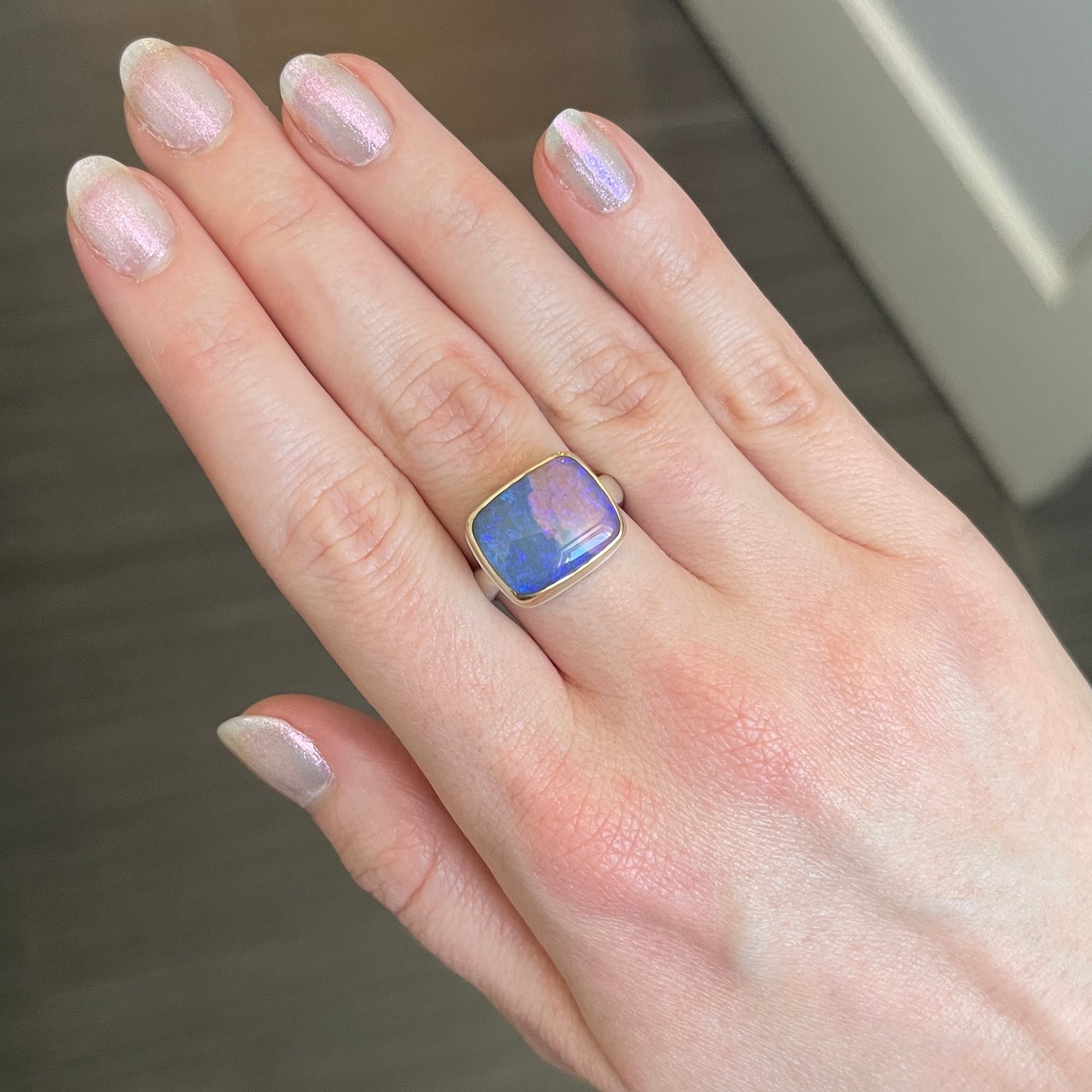 Sterling & 14K Gold Opalized Wood Ring