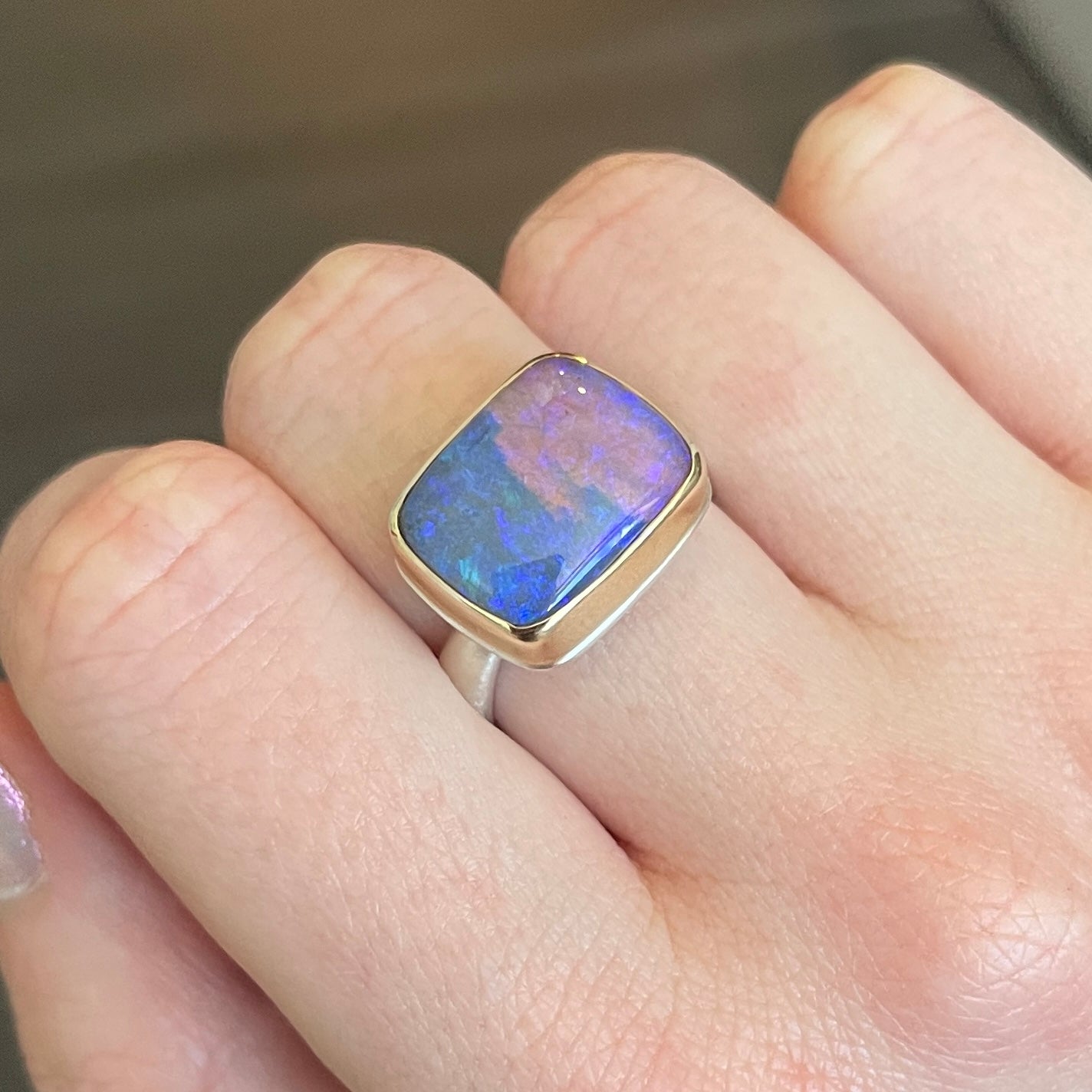 Sterling & 14K Gold Opalized Wood Ring