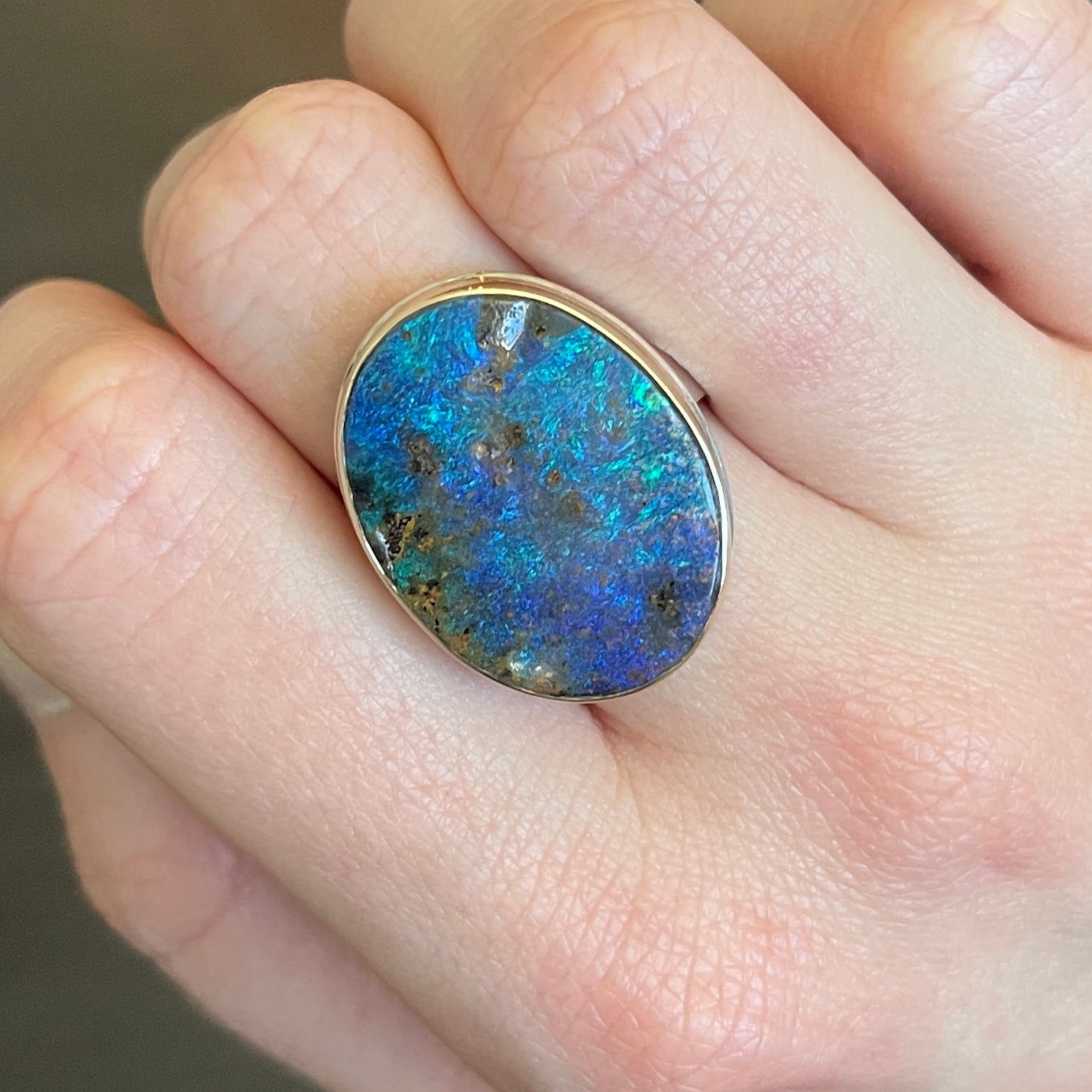 Sterling & 14K Gold Oval Boulder Opal Ring