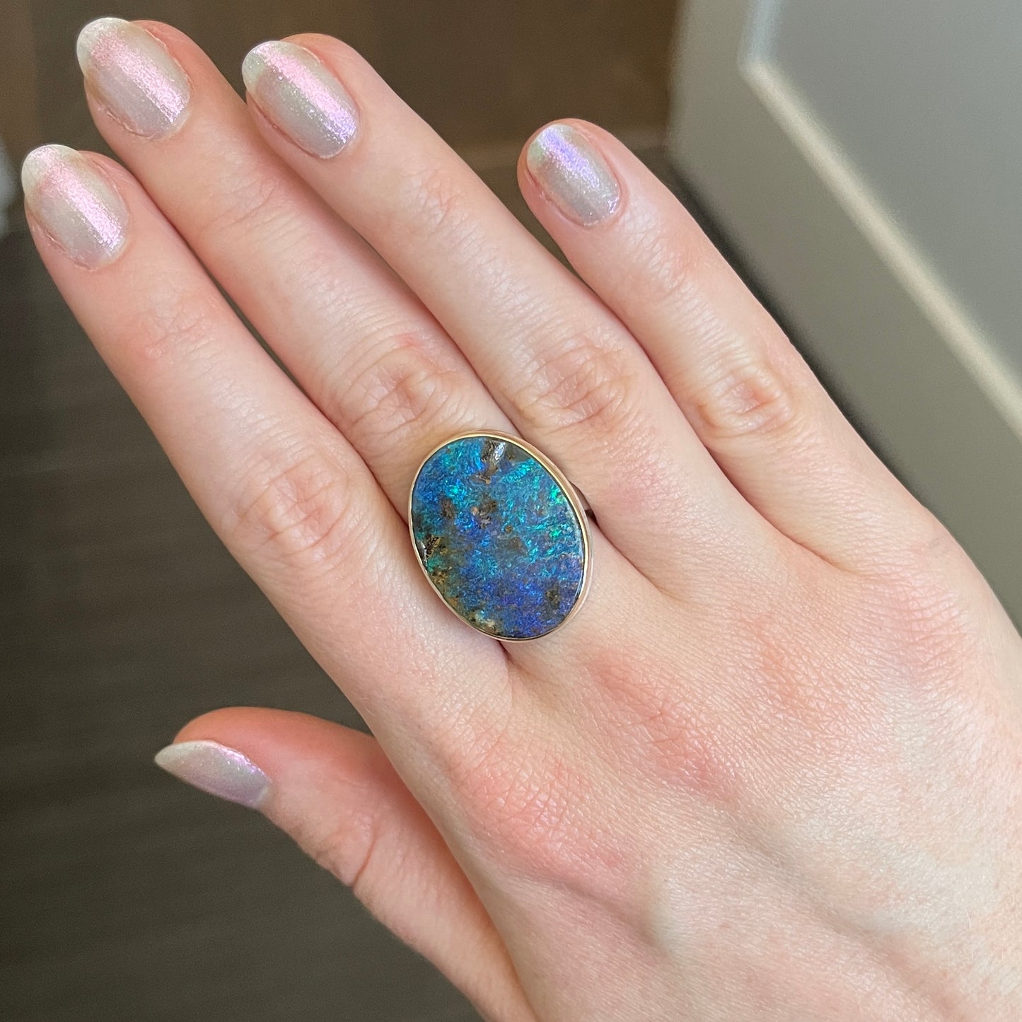 Sterling & 14K Gold Oval Boulder Opal Ring
