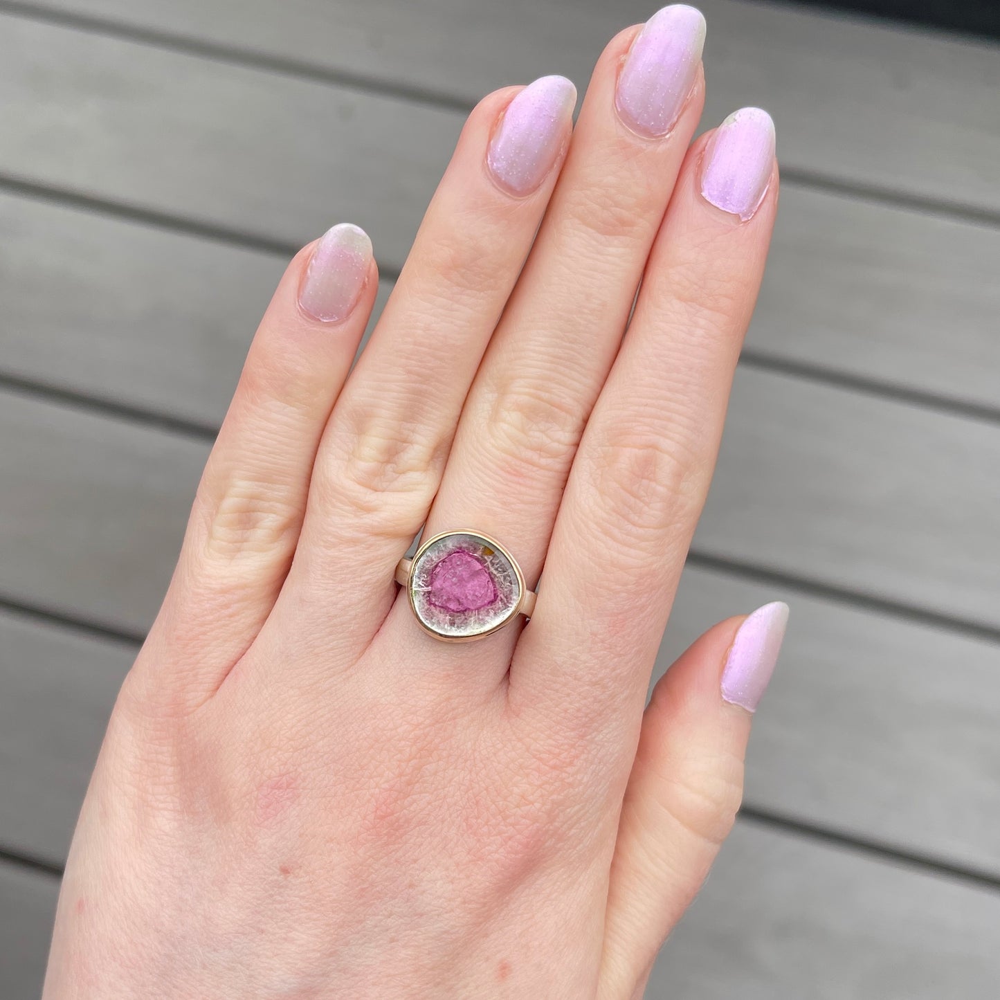 Sterling & 14K Gold Watermelon Tourmaline Slice Ring