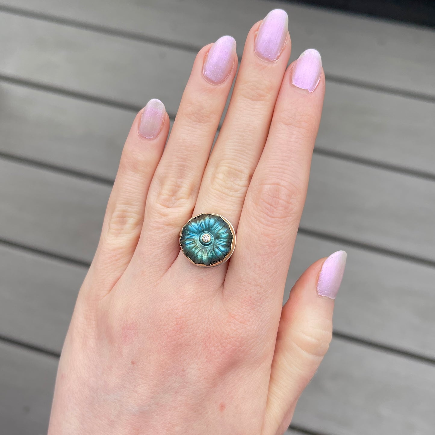Sterling & 18K Gold Carved Flower Labradorite & Diamond Ring