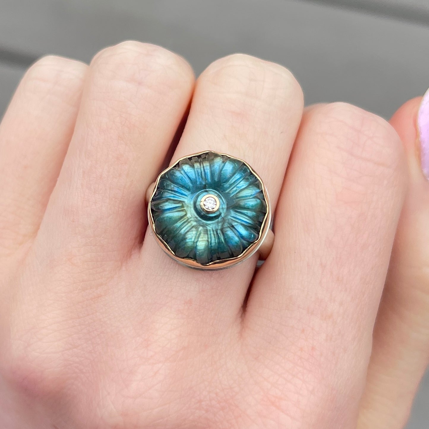 Sterling & 18K Gold Carved Flower Labradorite & Diamond Ring