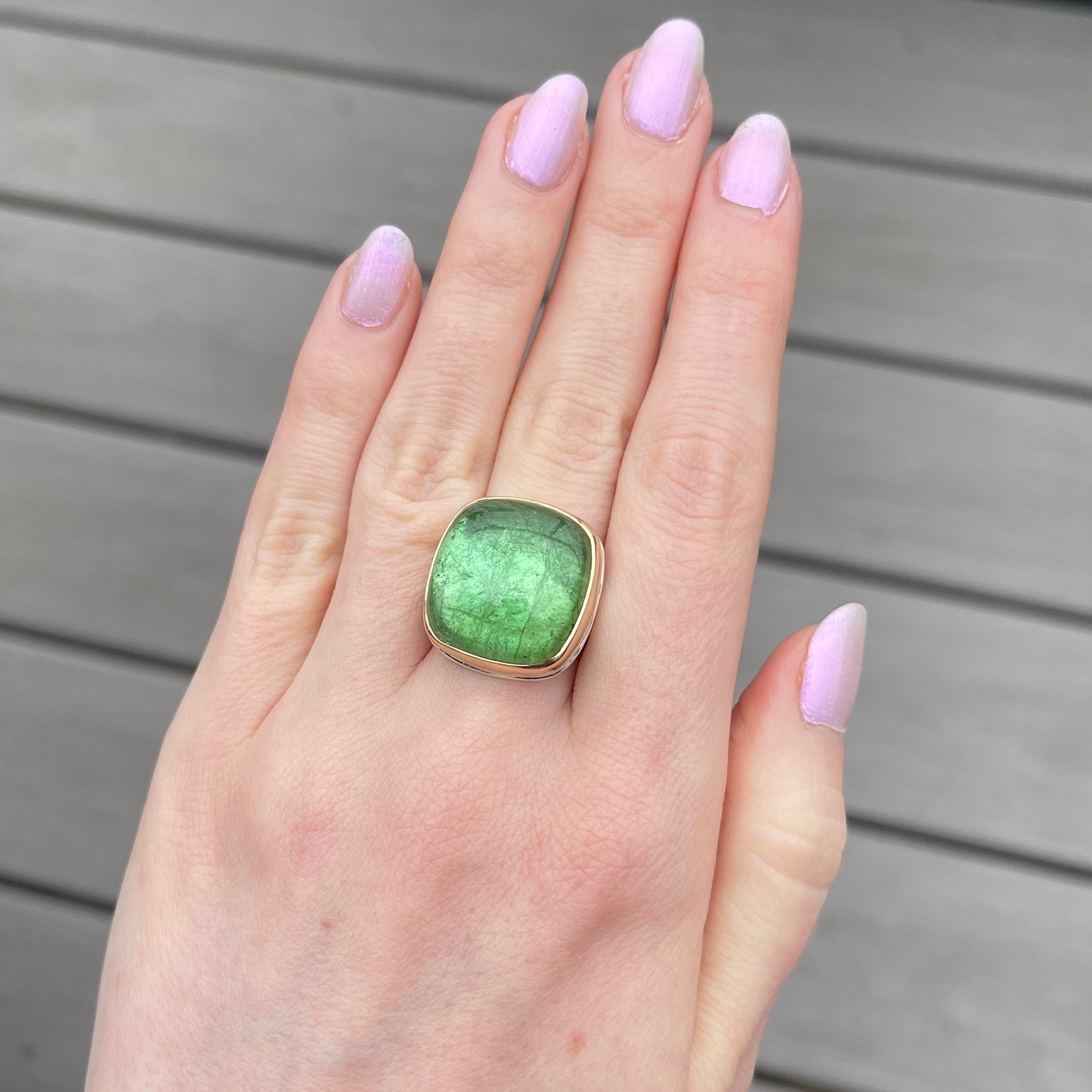 Sterling & 14K Gold Large Square Green Tourmaline Ring