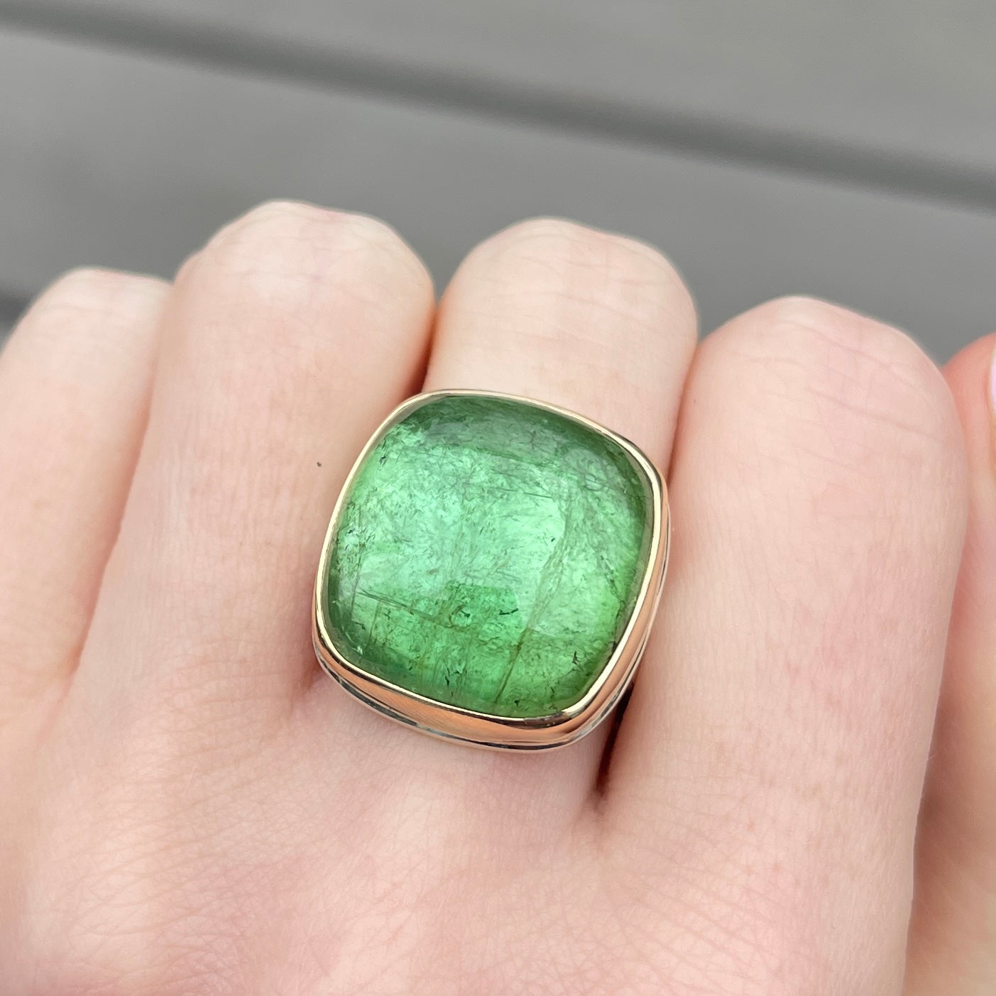 Sterling & 14K Gold Large Square Green Tourmaline Ring
