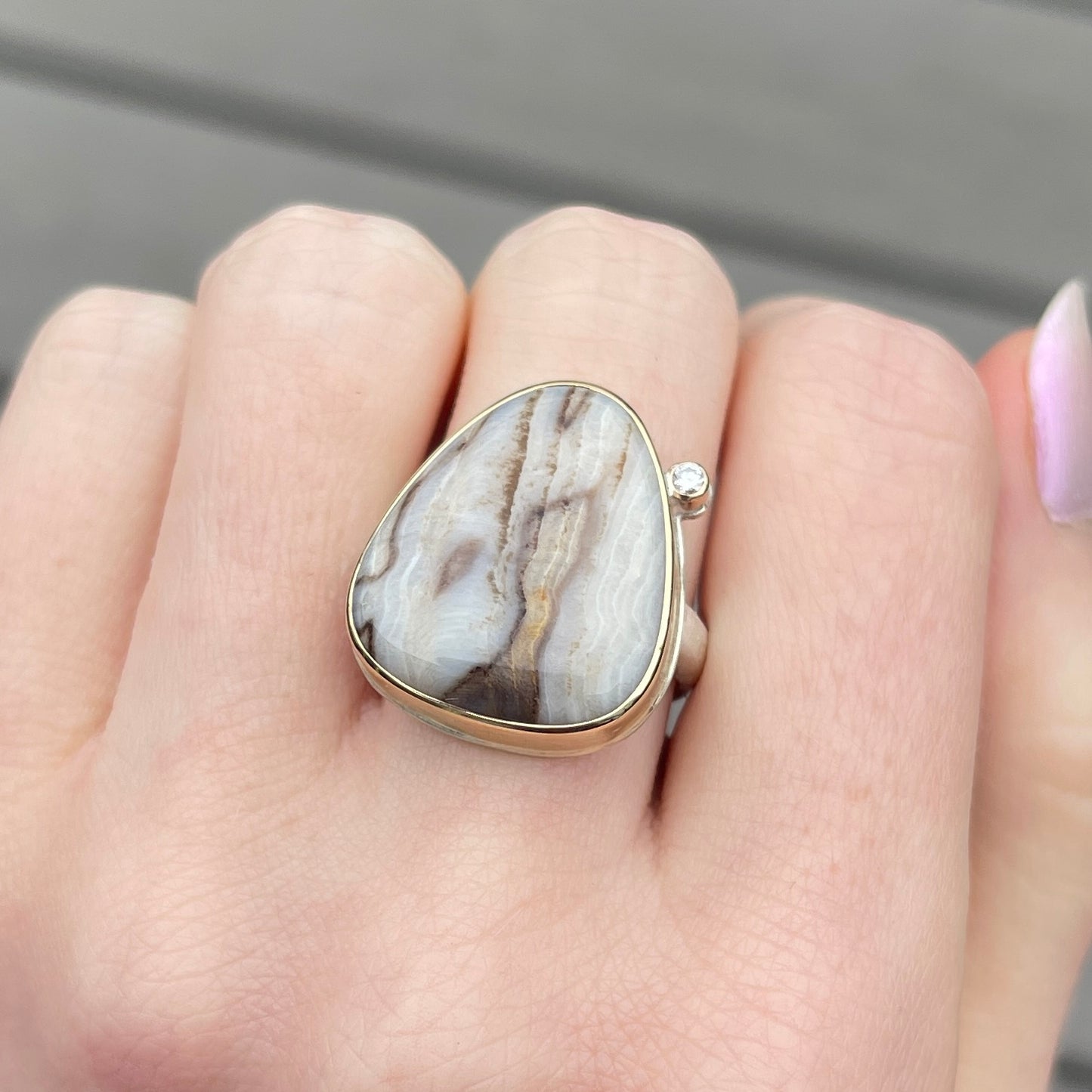 Sterling & 14K Gold Fossilized Channel Wood & Diamond Ring