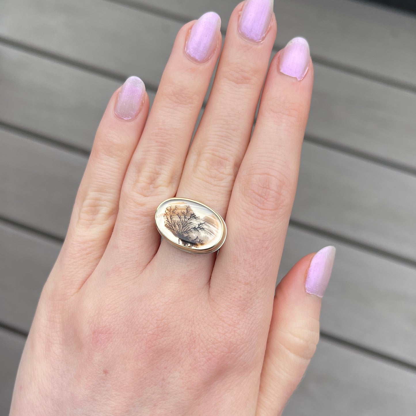 Sterling & 14K Gold Oval Dendritic Agate Ring