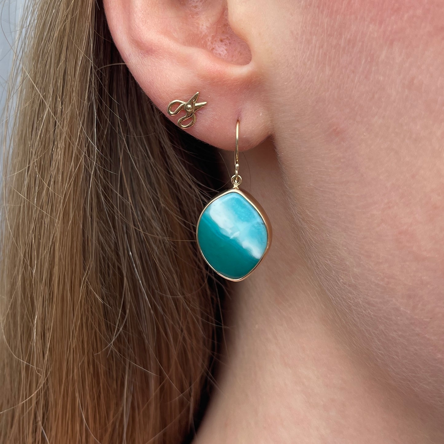 Sterling & 14K Gold Asymmetrical Indonesian Blue Opal Earrings