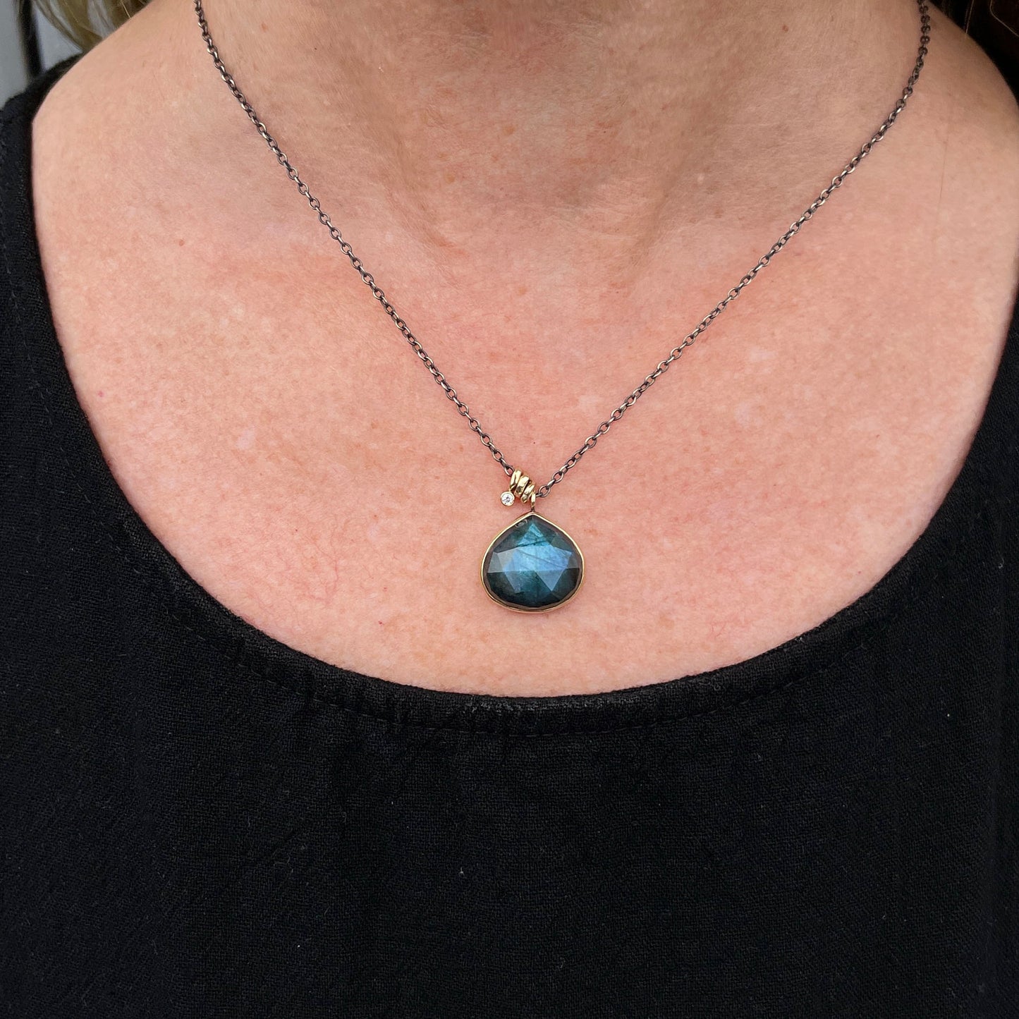 Oxidized Sterling & 14K Gold Labradorite & Diamond Necklace