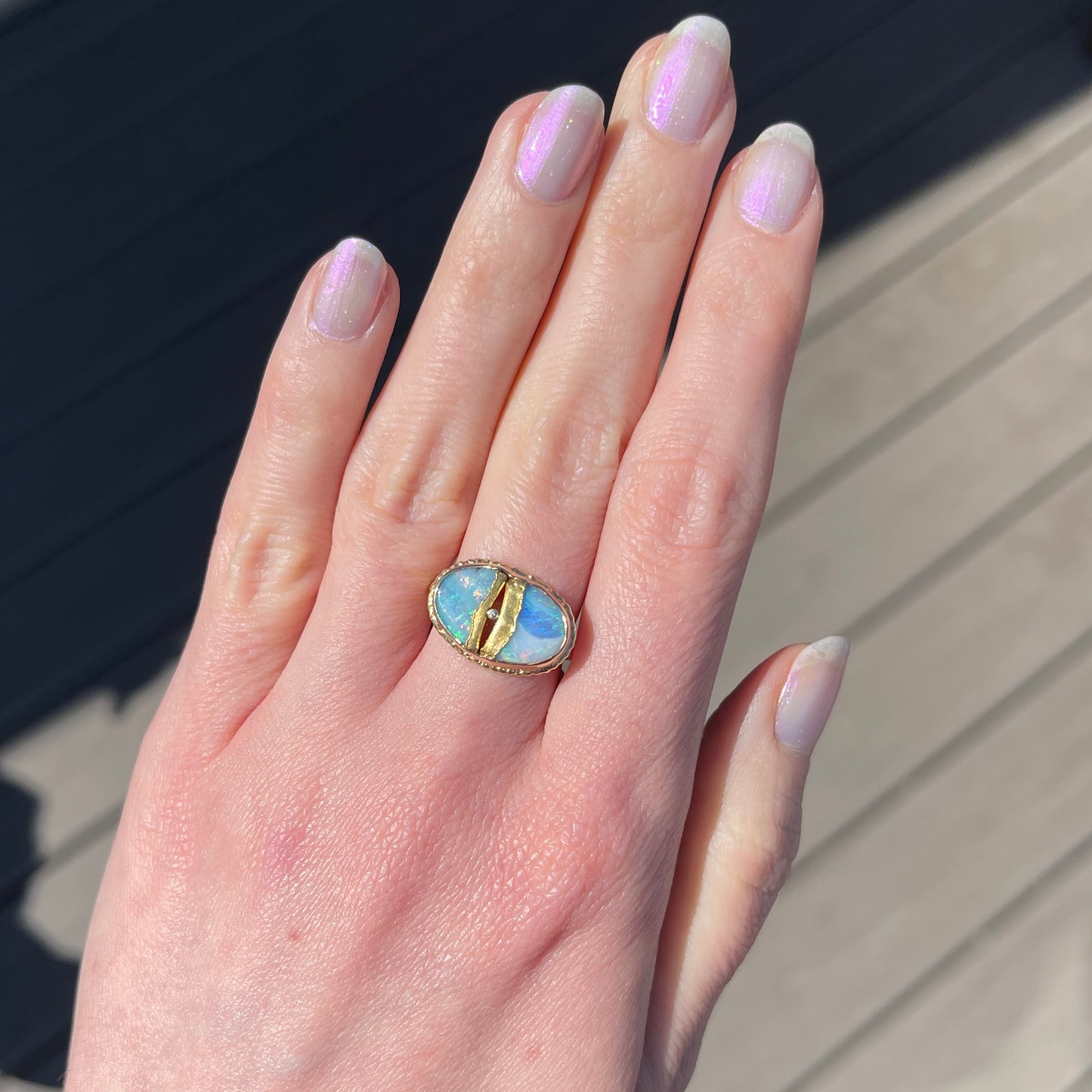 18K Golden Joinery Boulder Opal & Diamond Ring