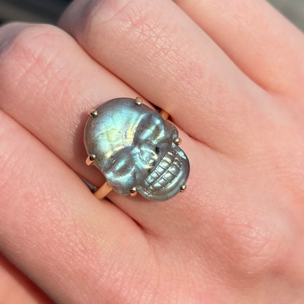 14K Gold Prong Labradorite Skull Ring