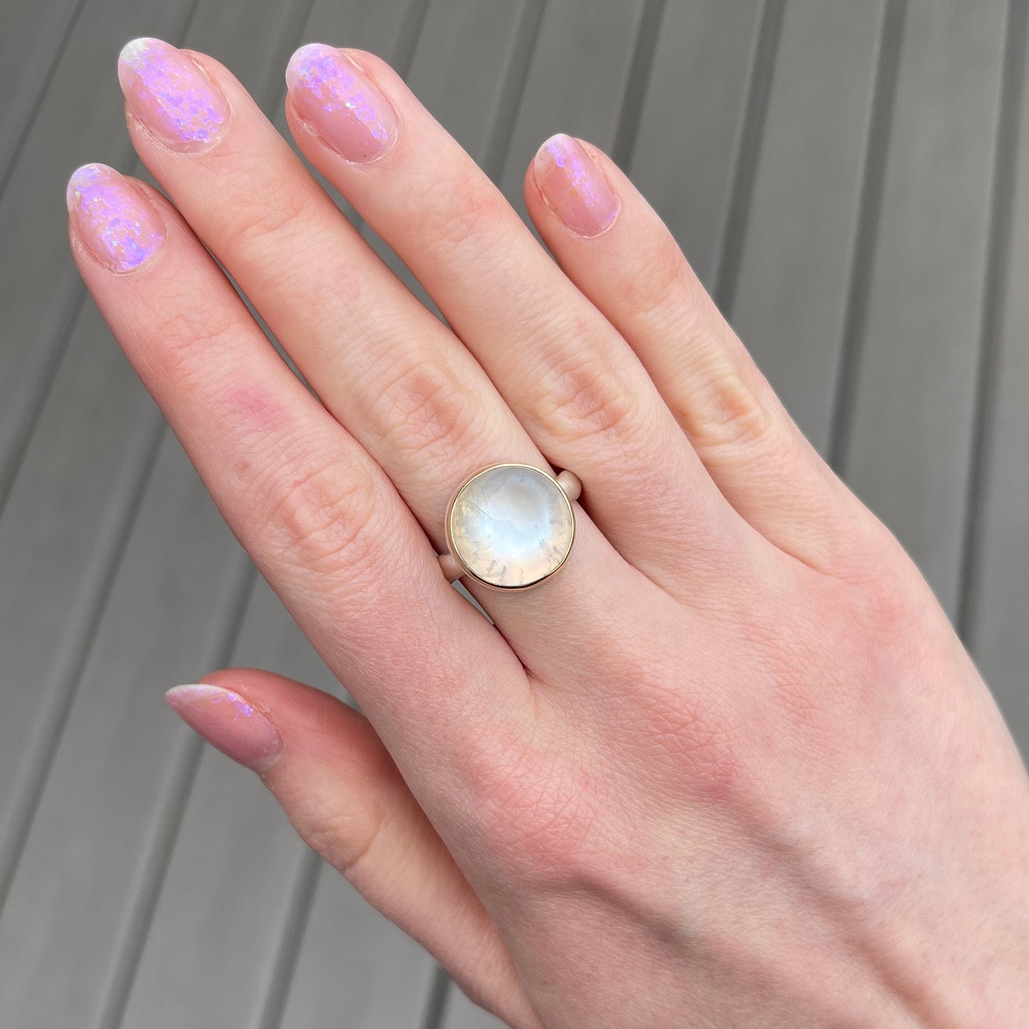 Sterling & 14K Gold Round Rainbow Moonstone Ring