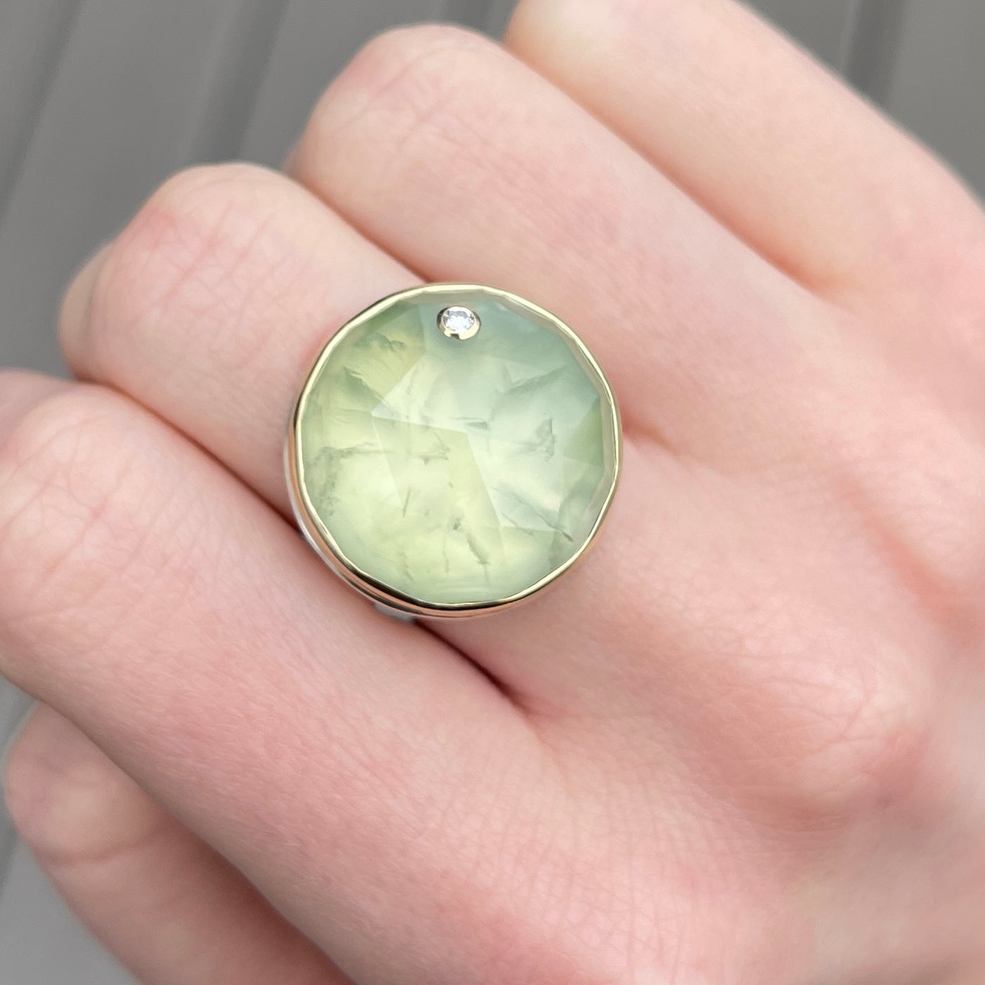Sterling & 14K Gold Prehnite & Diamond Ring