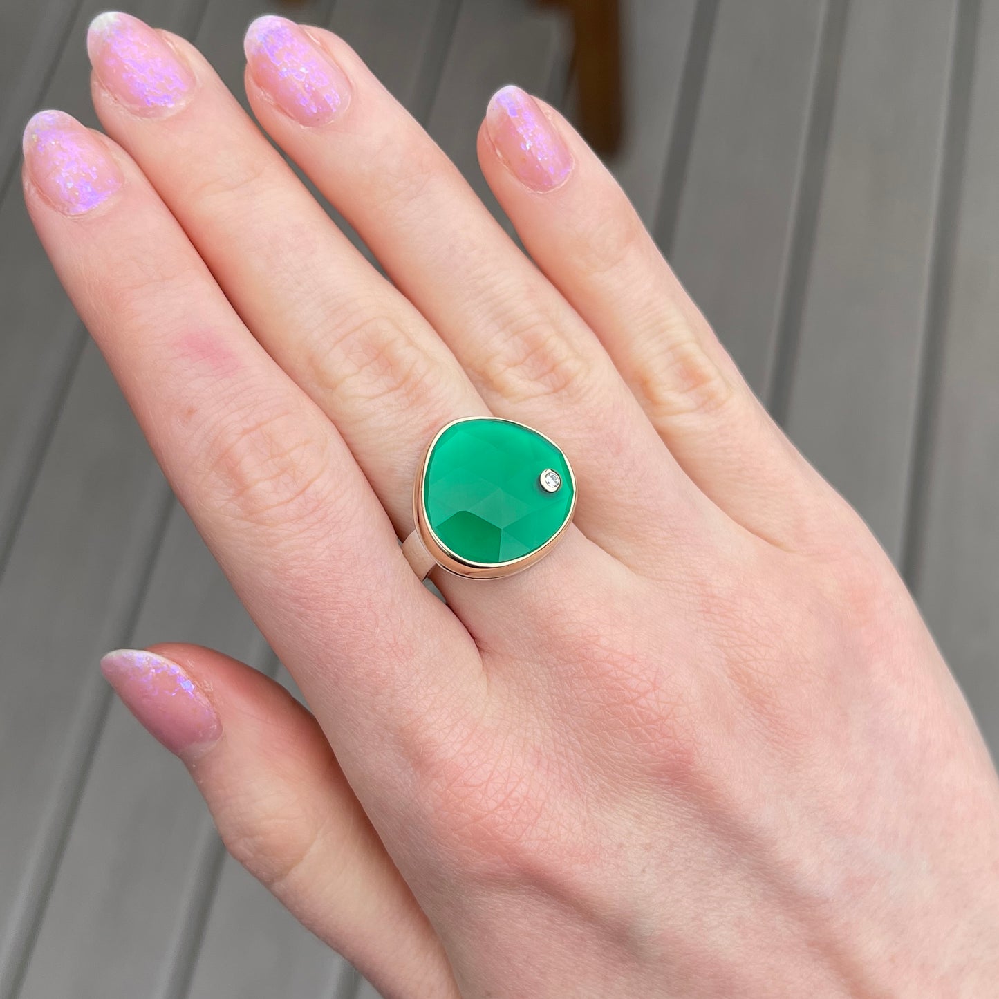 Sterling & 14K Gold Green Onyx & Diamond Ring
