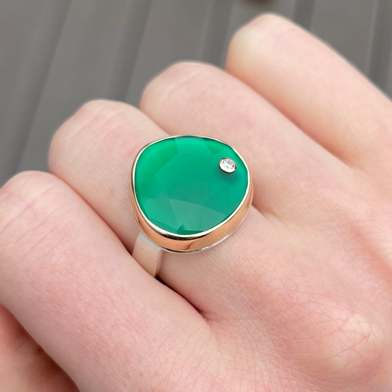 Sterling & 14K Gold Green Onyx & Diamond Ring