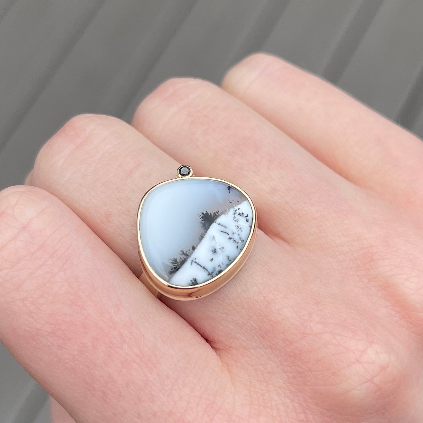 Sterling & 14K Gold Dendritic Opal & Black Diamond Ring