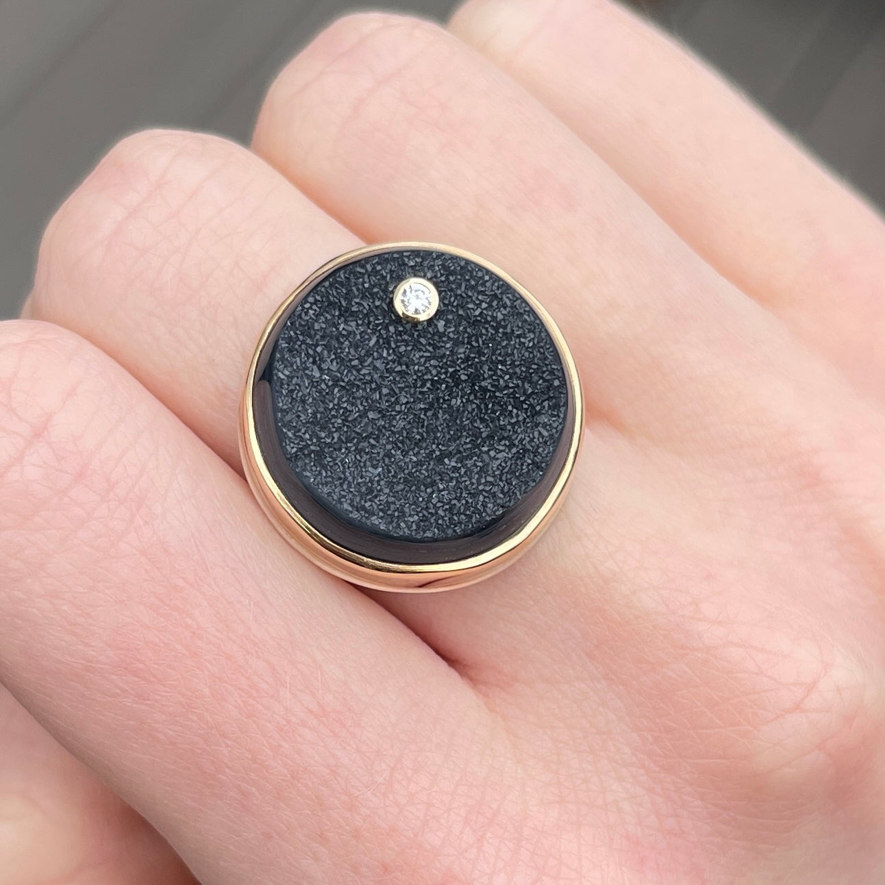 Sterling & 14K Gold Brazilian Black Drusy & Diamond Ring