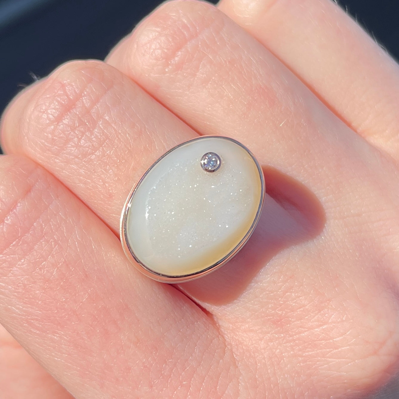 Sterling & 14K Rose Gold Brazilian White Drusy & Diamond Ring