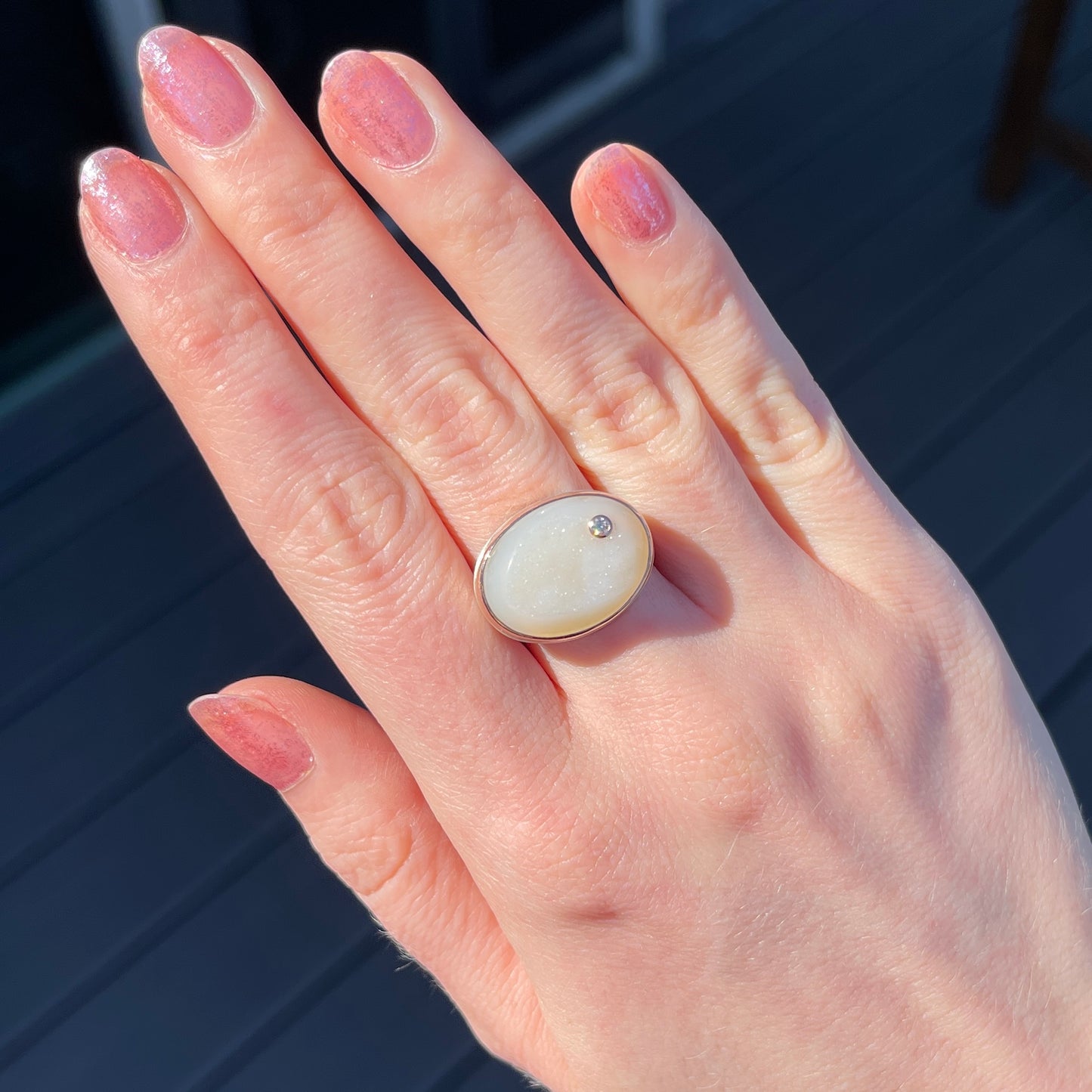 Sterling & 14K Rose Gold Brazilian White Drusy & Diamond Ring