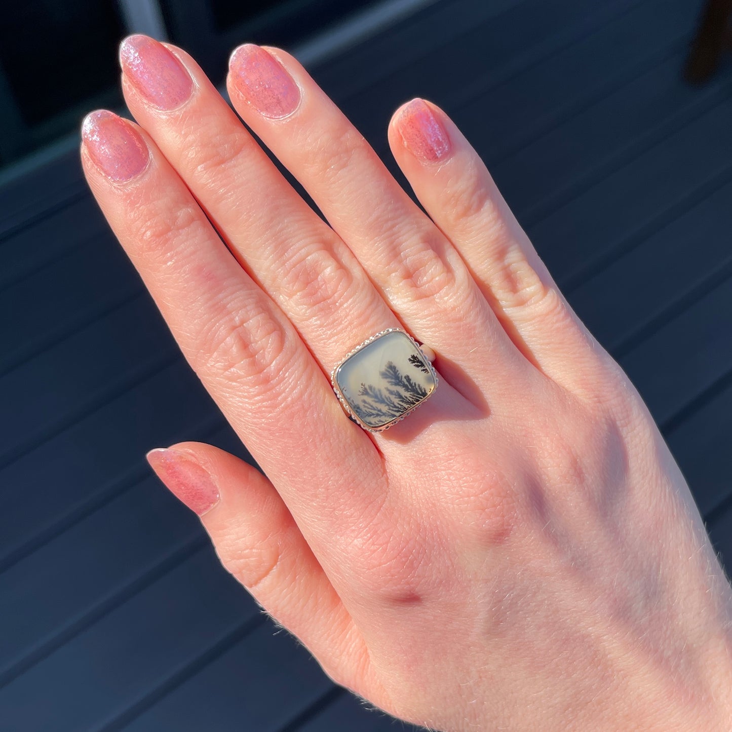 Sterling Lava Edge & 14K Gold Dendritic Agate Ring