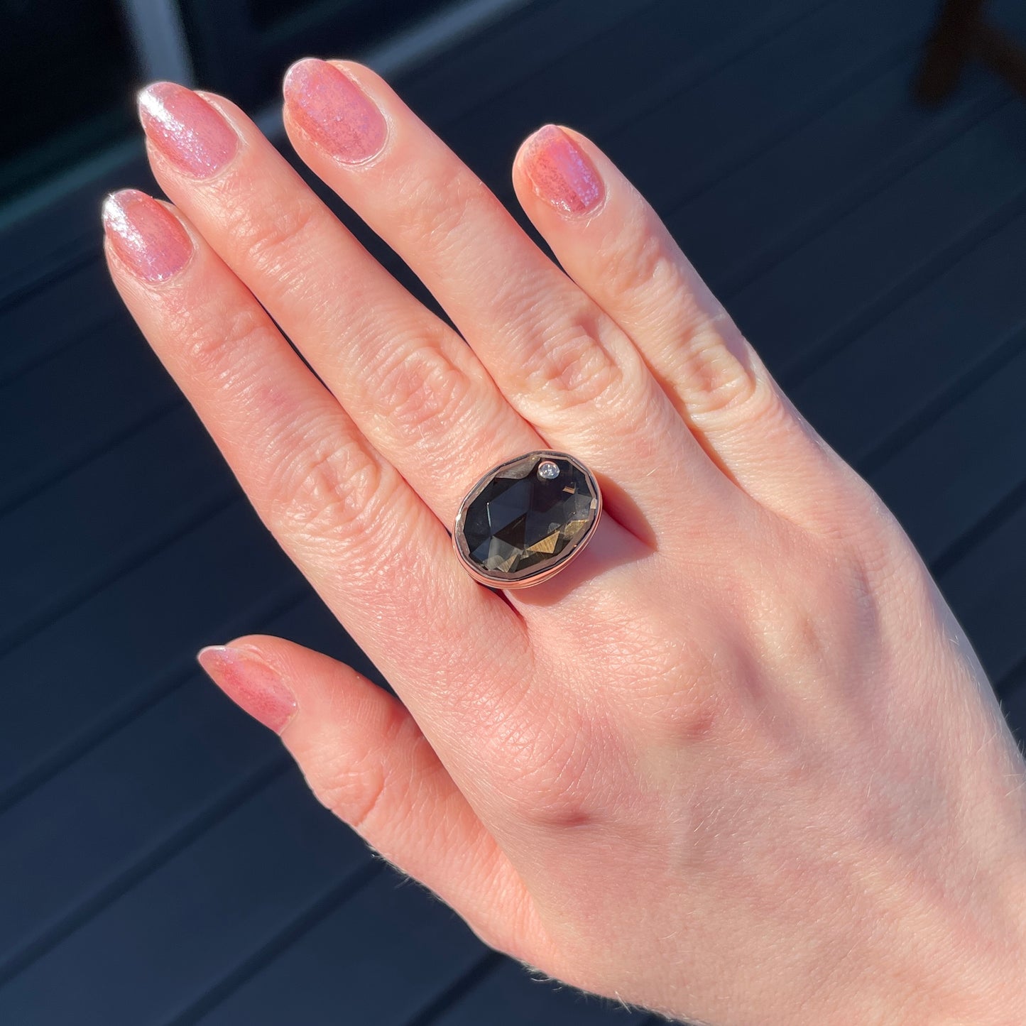 Sterling & 14K Rose Gold Smoky Quartz & Diamond Ring