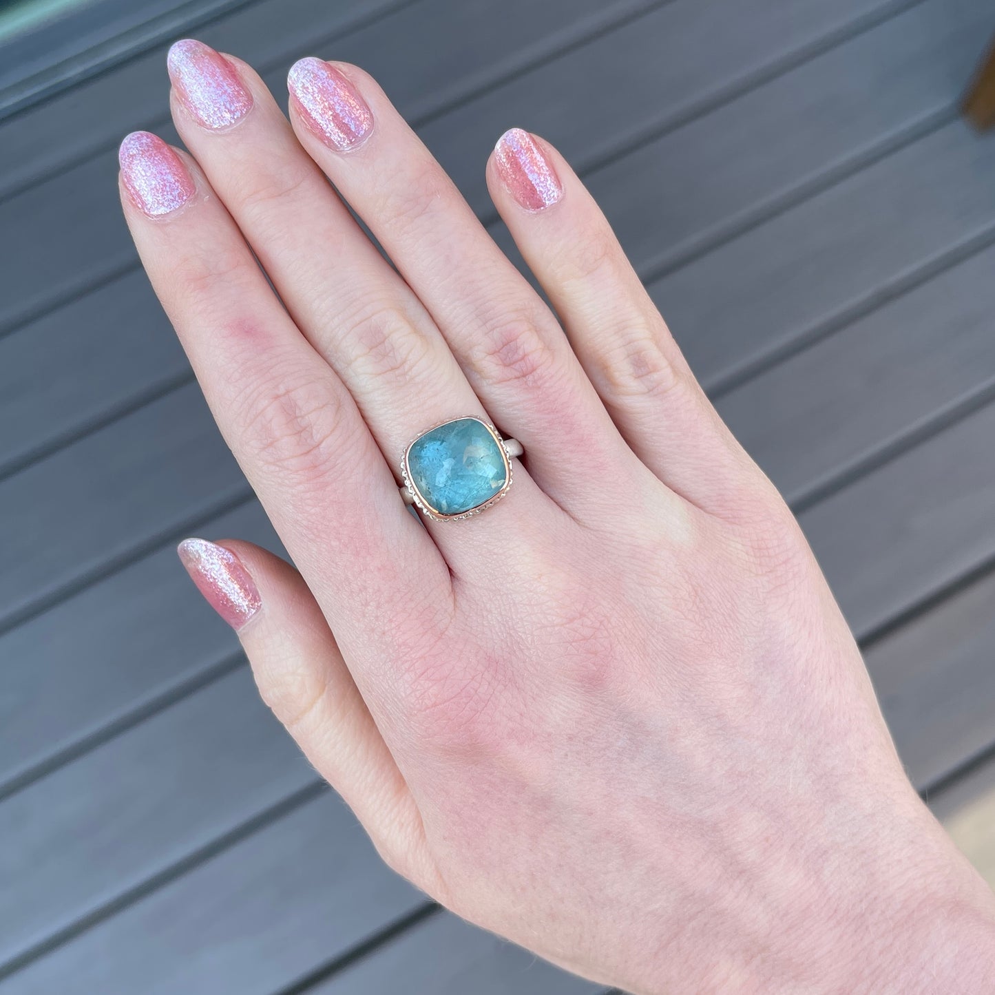Sterling Lava Edge & 14K Rose Gold Aquamarine Ring