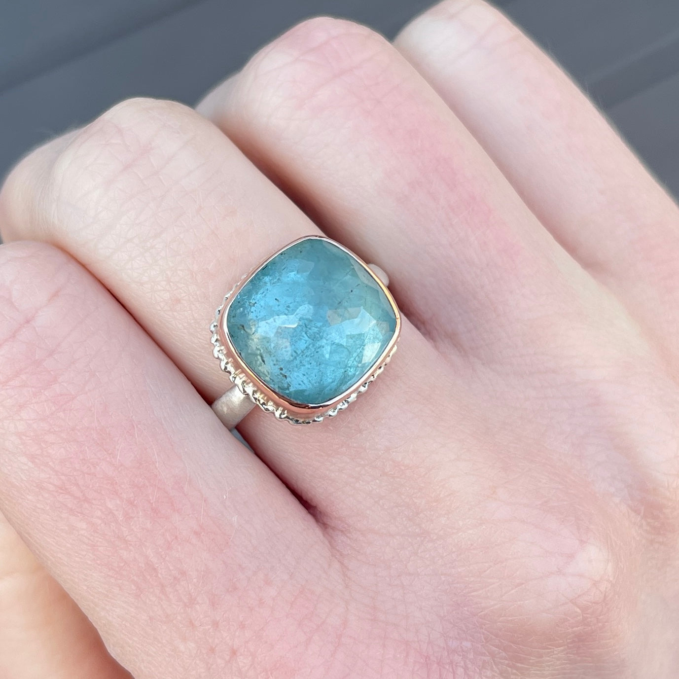 Sterling Lava Edge & 14K Rose Gold Aquamarine Ring