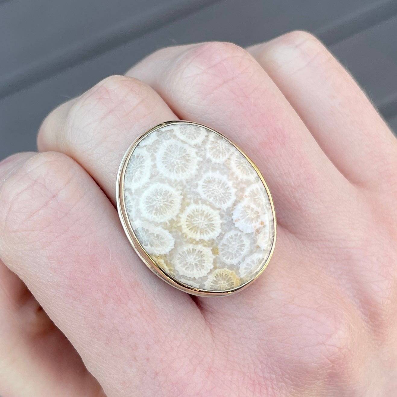 Sterling & 14K Gold Oval Fossilized Coral Ring