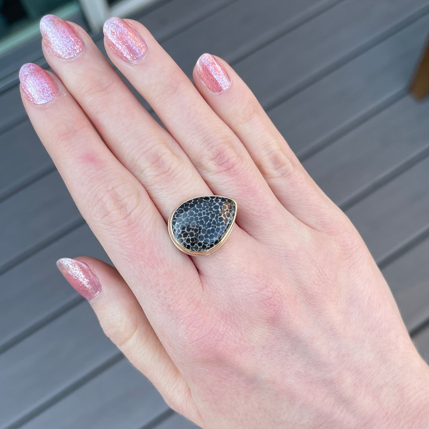 Sterling & 14K Gold Small Fossilized Stingray Coral Ring