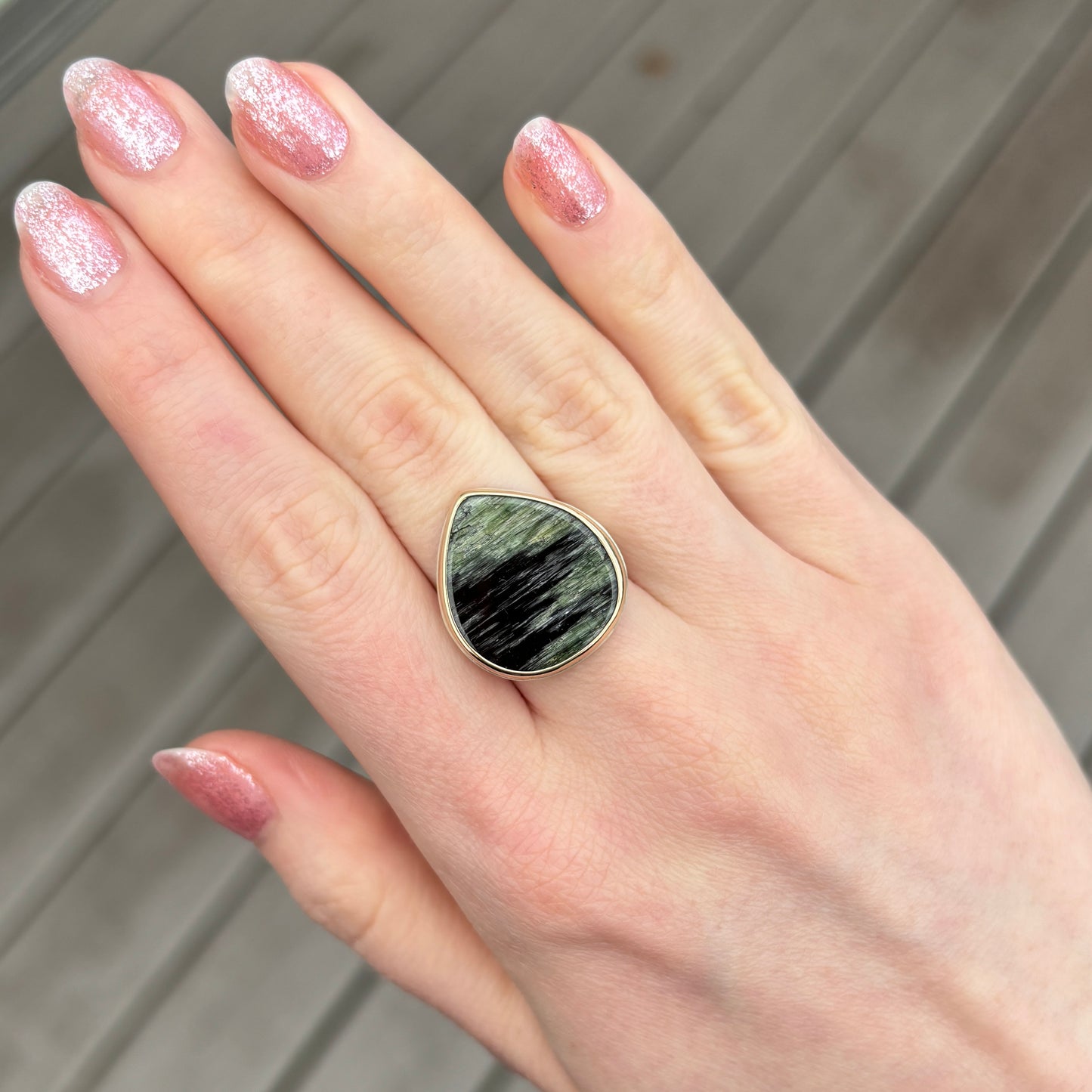 Sterling & 14K Gold Cat's Eye Green Tourmaline Ring