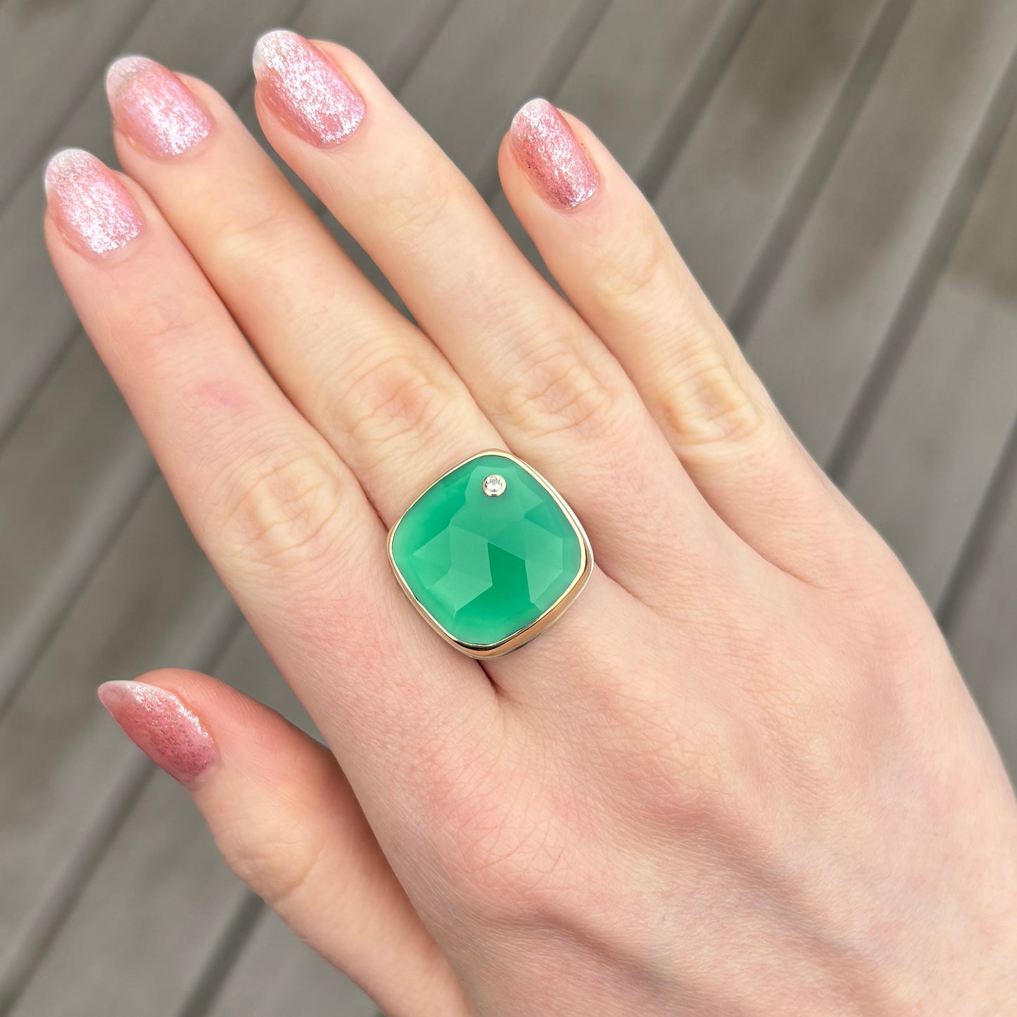Sterling & 14K Gold Green Onyx & Diamond Ring