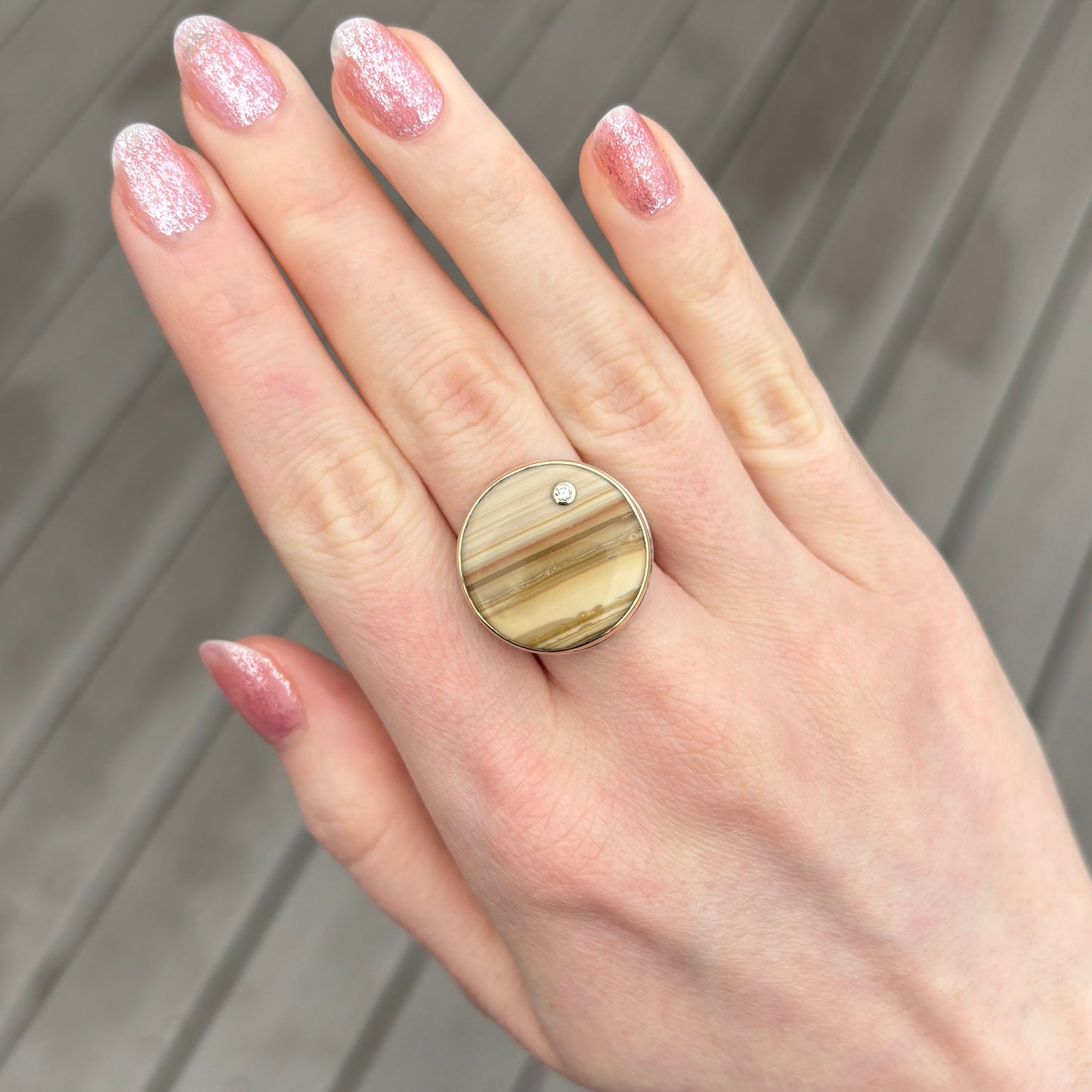 Sterling & 14K Gold Round Saturn Chalcedony & Diamond Ring